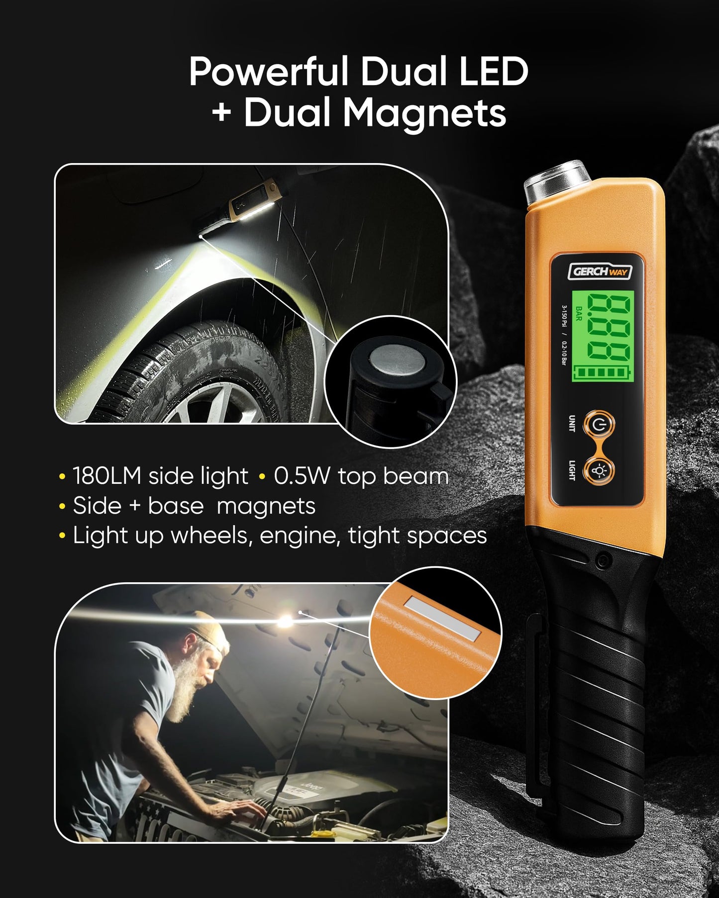 Rechargeable Digital Tire Pressure Gauge with LED Work Light, 150 PSI ±1% Accuracy, Compact 2-in-1 Air Gauge for Cars, Motorcycles, Bicycles and RVs