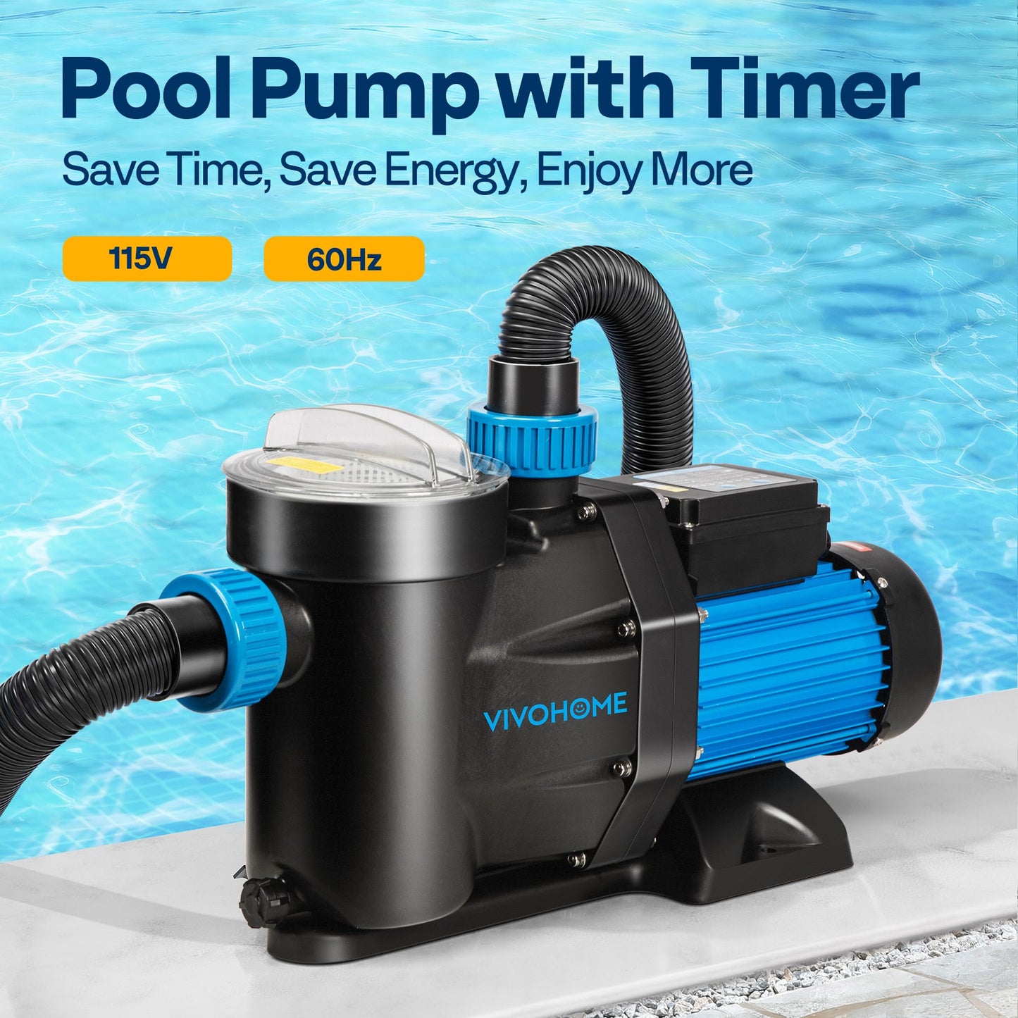 VIVOHOME 1.5HP 6360GPH Self-Priming Pool Pump with Timer, 115V for In/Above Ground Pools, 1.5" PVC Pipe & Hose Fittings w/Strainer Basket
