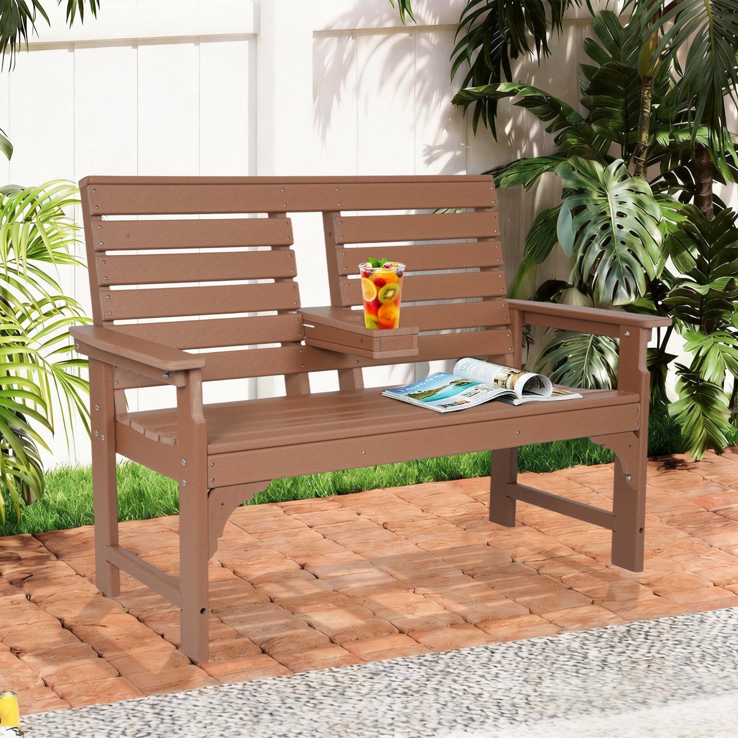 WENTUM Outdoor Bench with Cup Holders, HDPE 2-Person Weatherproof Patio Benches, Fade/Rot Resistance, Garden Bench for Front Porch Backyard Park, Brown