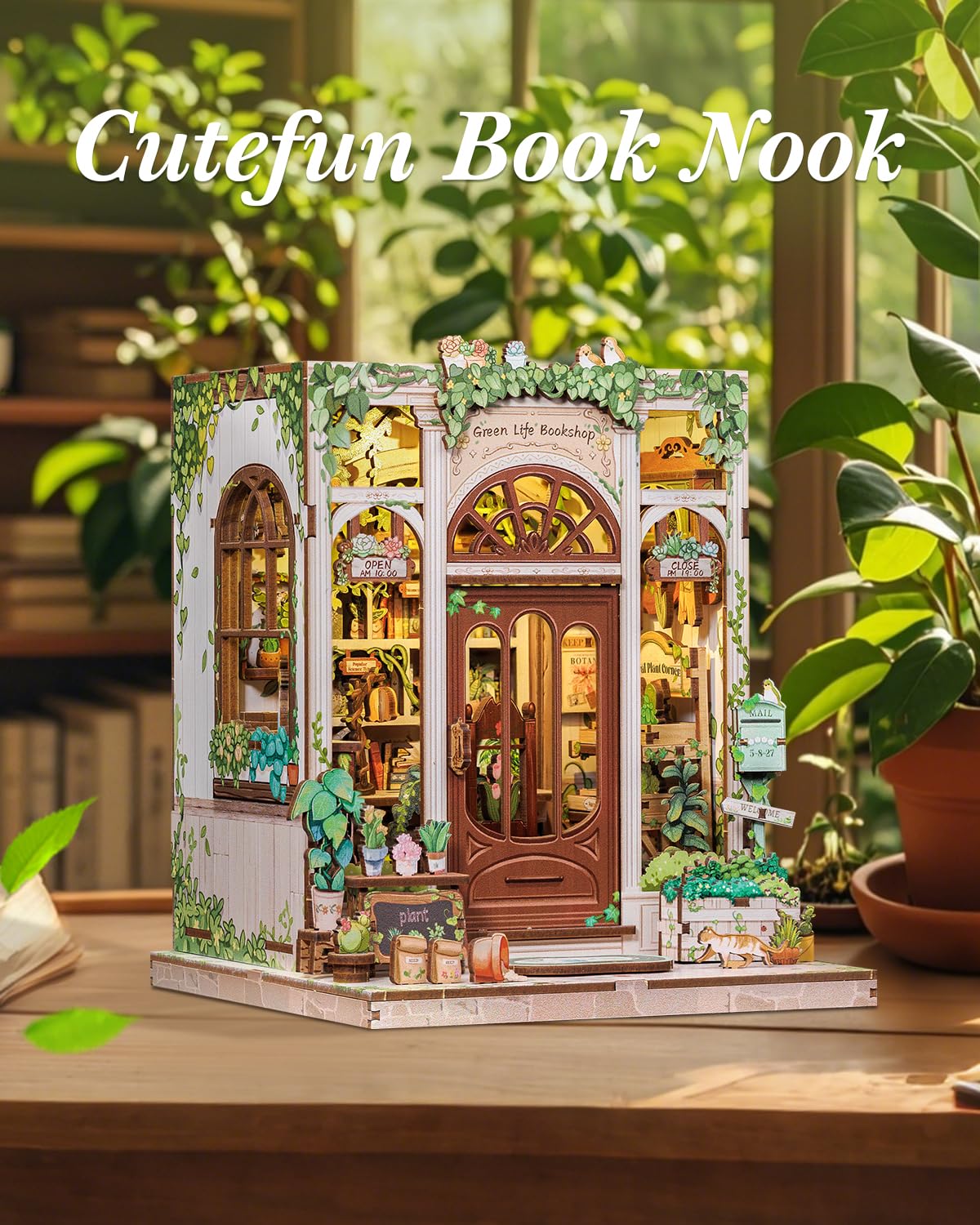 Cutefun Book Nook Kit - DIY Miniature Dollhouse Booknook Kit for Adults and Teens, 3D Wooden Puzzle Bookshelf Insert Decor with LED Light, Gifts for Book Lovers and Beginners (Green Life Bookshop)