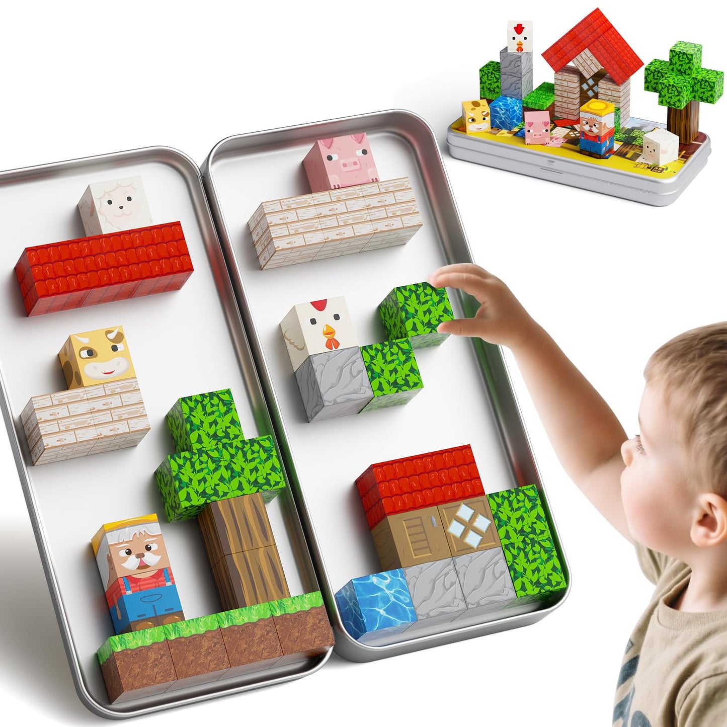 hunloot Mini Magnetic Blocks Farm Animals Travel Toys, 35PCS Portable STEM Magnetic Building Cubes with Metal Storage Box for Kids Ages 4-8, Road Trip & Airplane Essentials