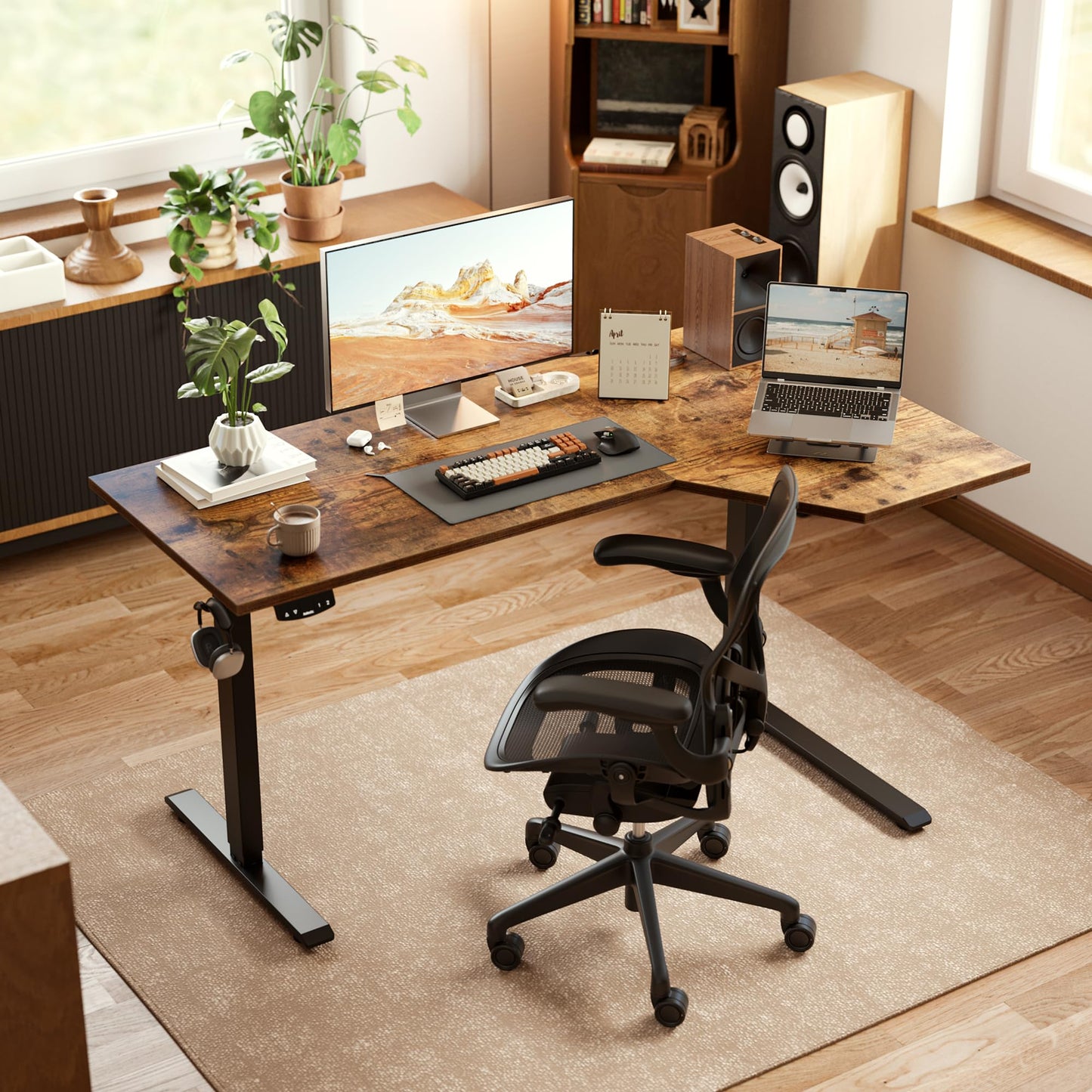 Agilestic Electric Standing Desk, L-Shaped 55 Inches Height Adjustable Desk, Sit and Stand up for Work Office Home, Ergonomic Rising Computer Table for Home Office with Splice Board, Rustic Brown