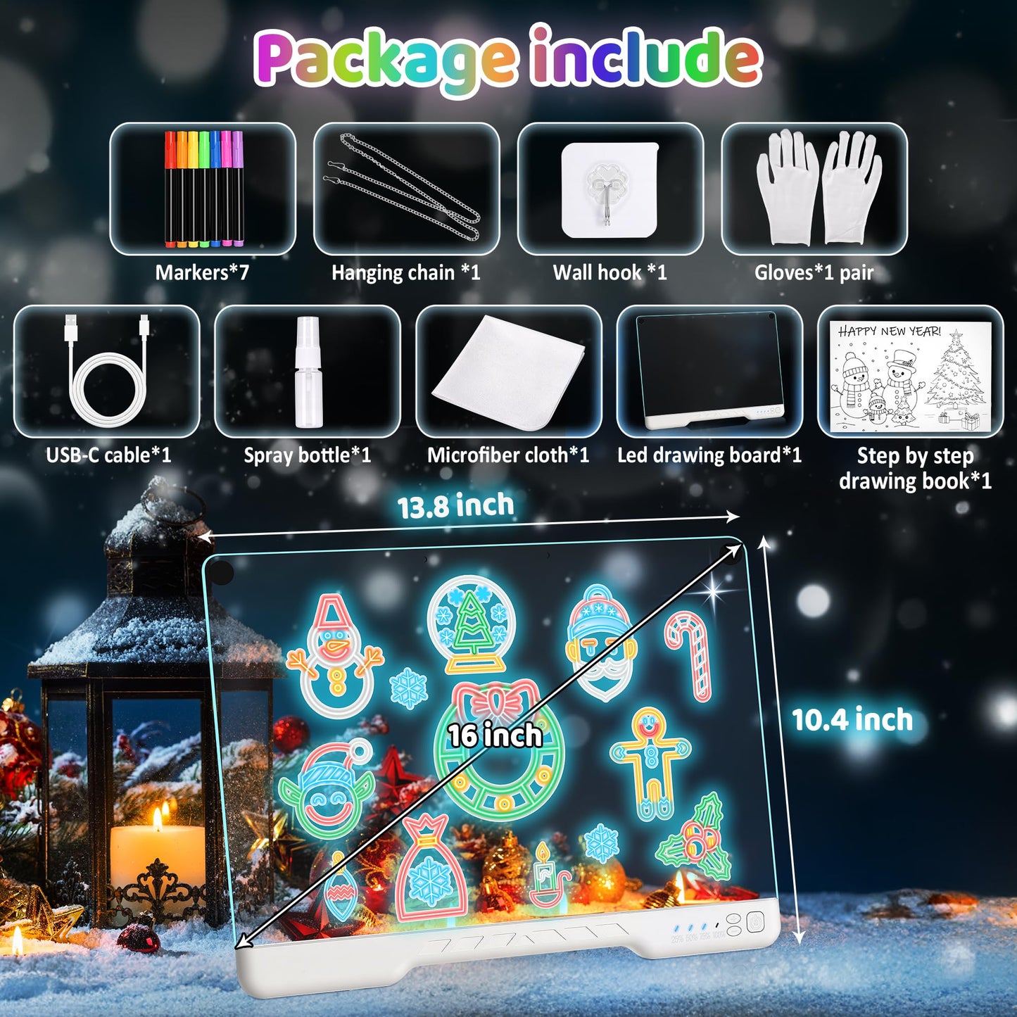 LED Drawing Board,16 Inch Rechargeable Light Up Writing Pad, 7 Colors & 4 Lighting Modes Neon Art Dry Erase Glow Up Doodle Pad,7 Markers & Tracing Book Art Gifts for Kids Ages 4 5 6 7 8 9 10 11 12