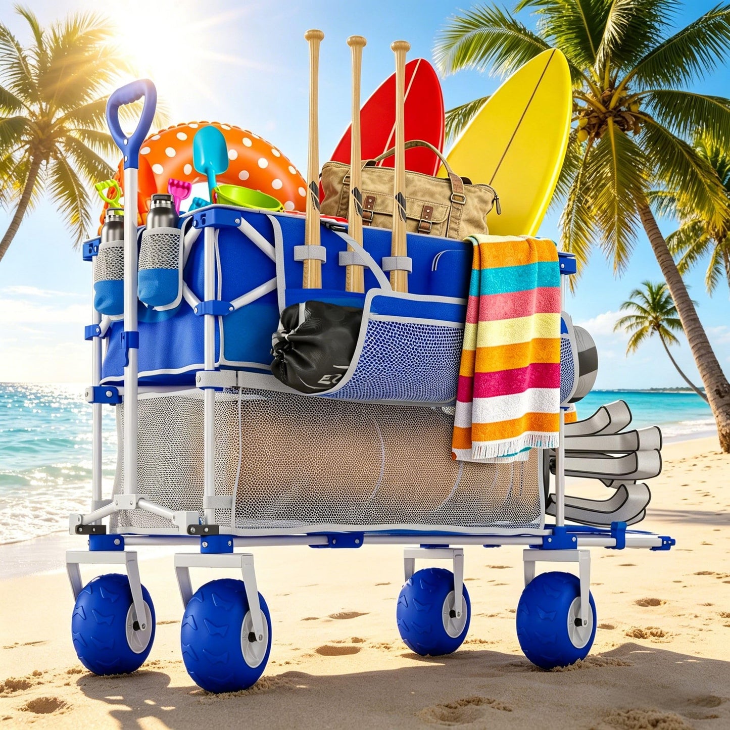 ππ©π π«πππ Beach Wagon with Big Wheels for Sand, Double-Decker, 9" PVC All-Terrain Wheel, 500 lb Load Capacity, Oversized 400L, for Beach, Camping, Garden & Outdoor Sports (Blue)