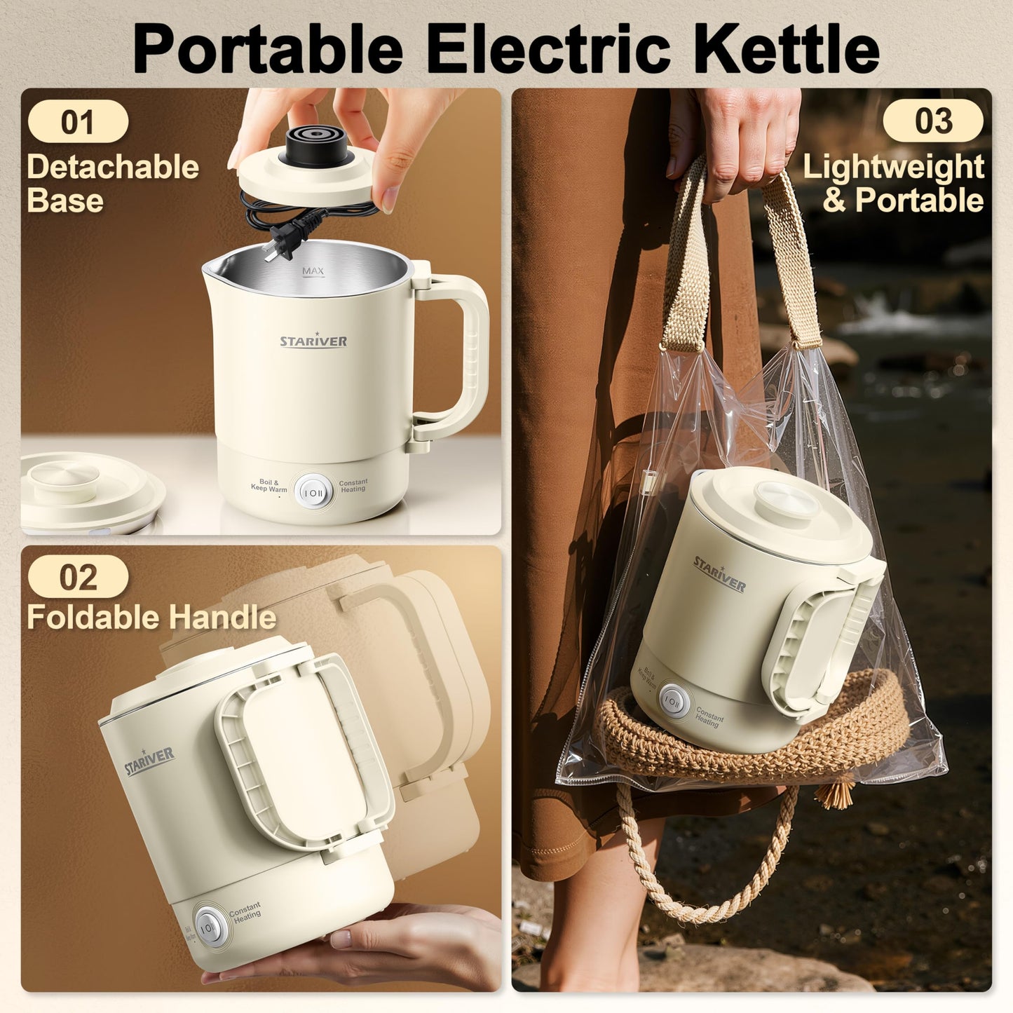 Stariver Portable Travel Kettle, 600ML Small Electric Kettle with Foldable Handle, Food Grade Stainless Steel Collapsible Water Boiler with Dual Modes, Compact for RV, Business Trip, Camping, Beige