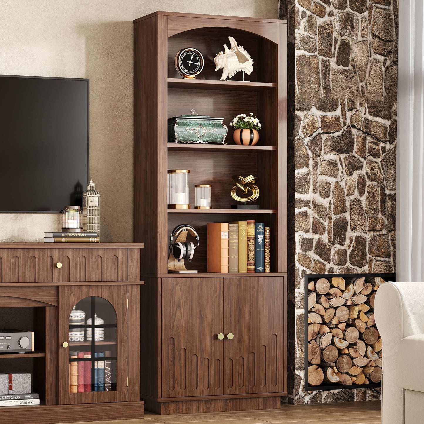 IRONCK Book Shelf and Bookcases with Doors Floor Standing 6 Shelf Display Storage Shelves, 70.8" Tall Bookcase for Home Office, Living Room, Mid-Century Modern, Walnut Brown