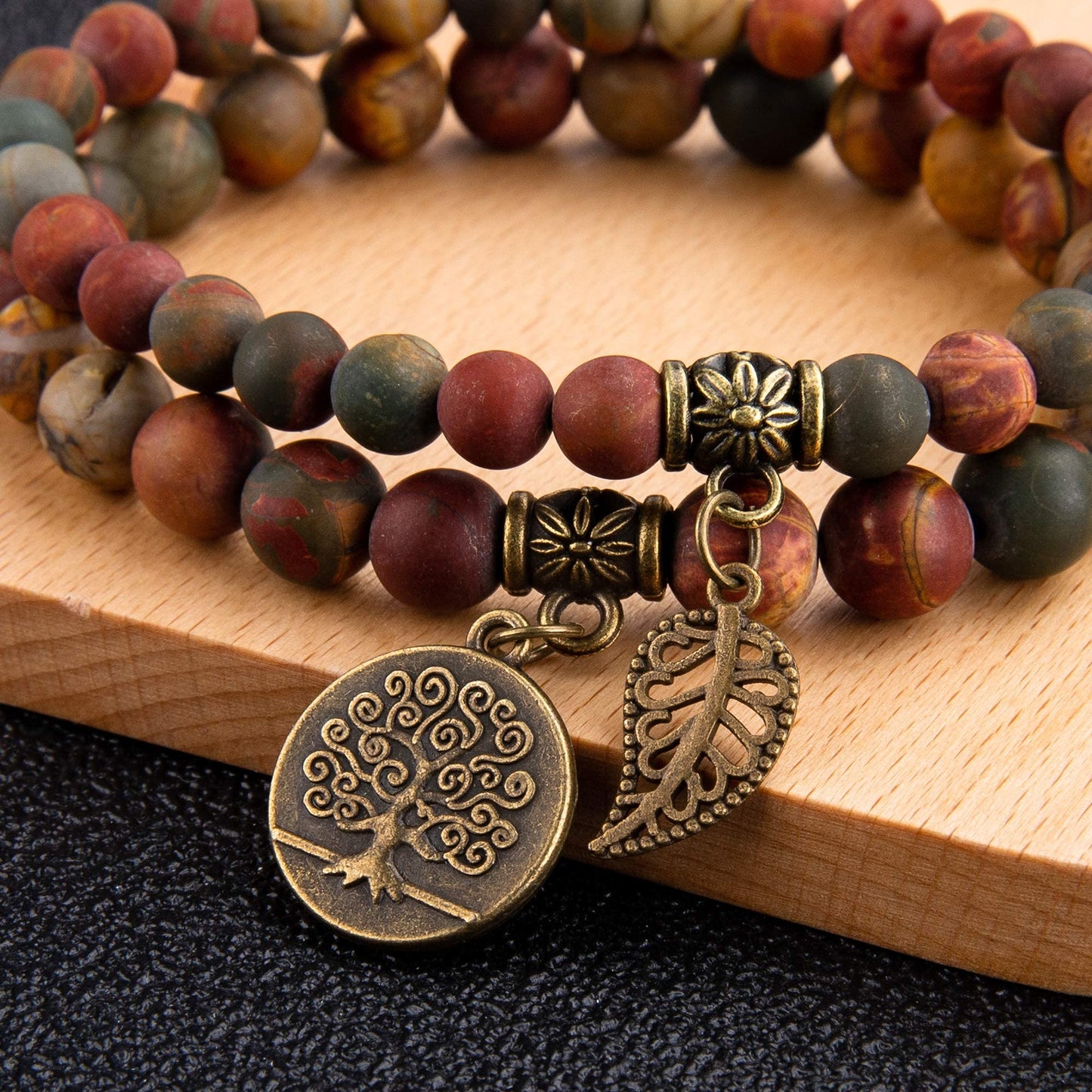 Bivei Natural Semi Precious Gemstone Beaded Bracelets for Women - Life Tree and Leaf Charm Chakra Crystal Picasso Jasper Beads Stretch Bracelet, 8 Inch(Multi-color Picasso Jasper)