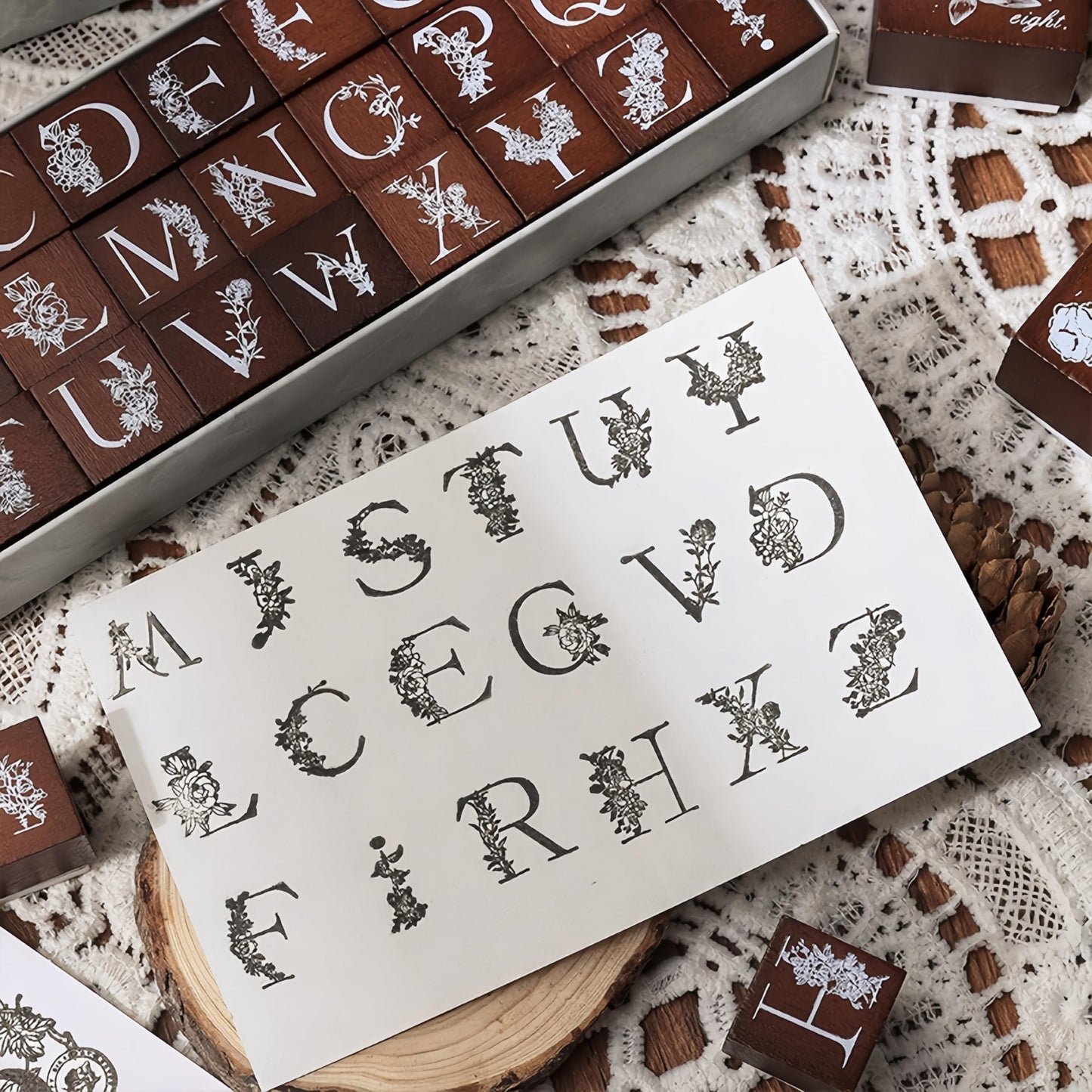 Letter Stamps,Wooden Rubber Stamps Set,Wooden Rubber Art Stamps–26pcs A-Z Alphabet & Floral Patterns for Crafting, Beech Wood and Rubber Stamps