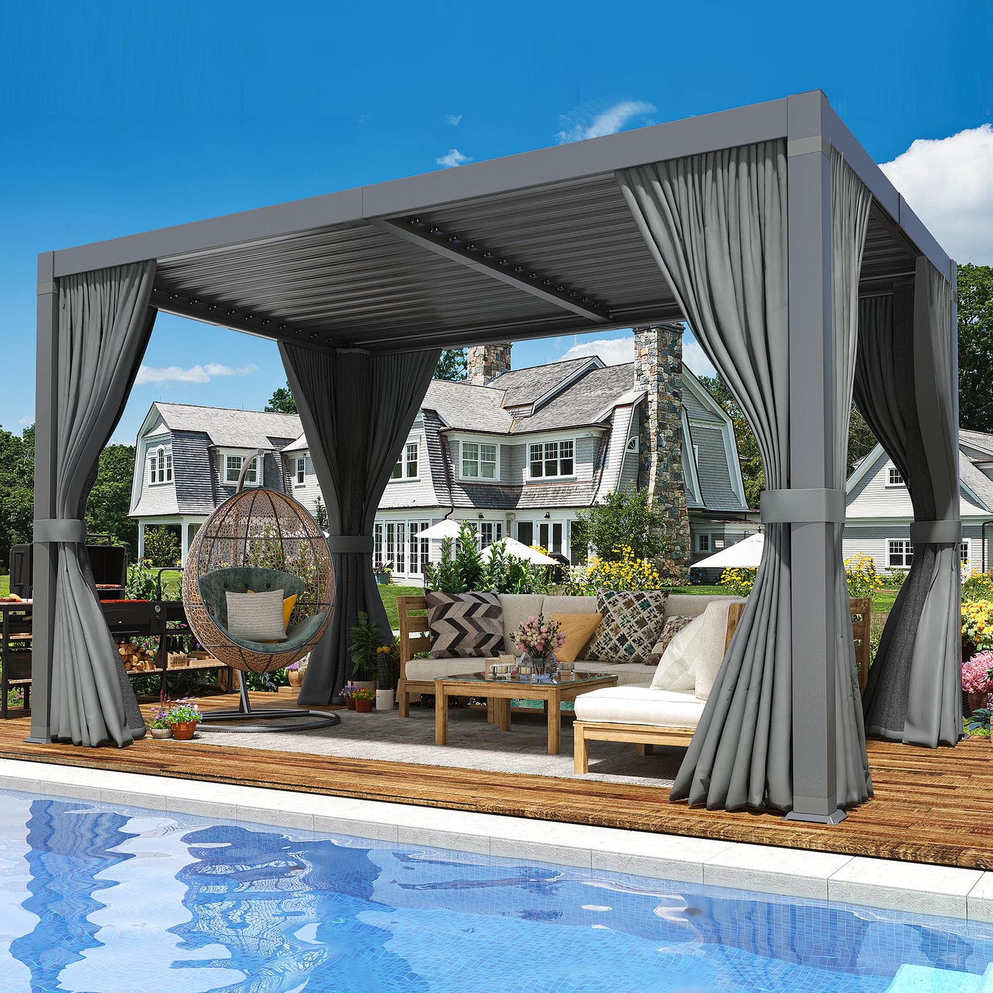 Airwire 10x12 FT Louvered Pergola, Aluminum Outdoor Pergolas with Adjustable Roof, Hardtop Gazebo with Waterproof Curtains & Netting for Deck, Patio, and Backyard