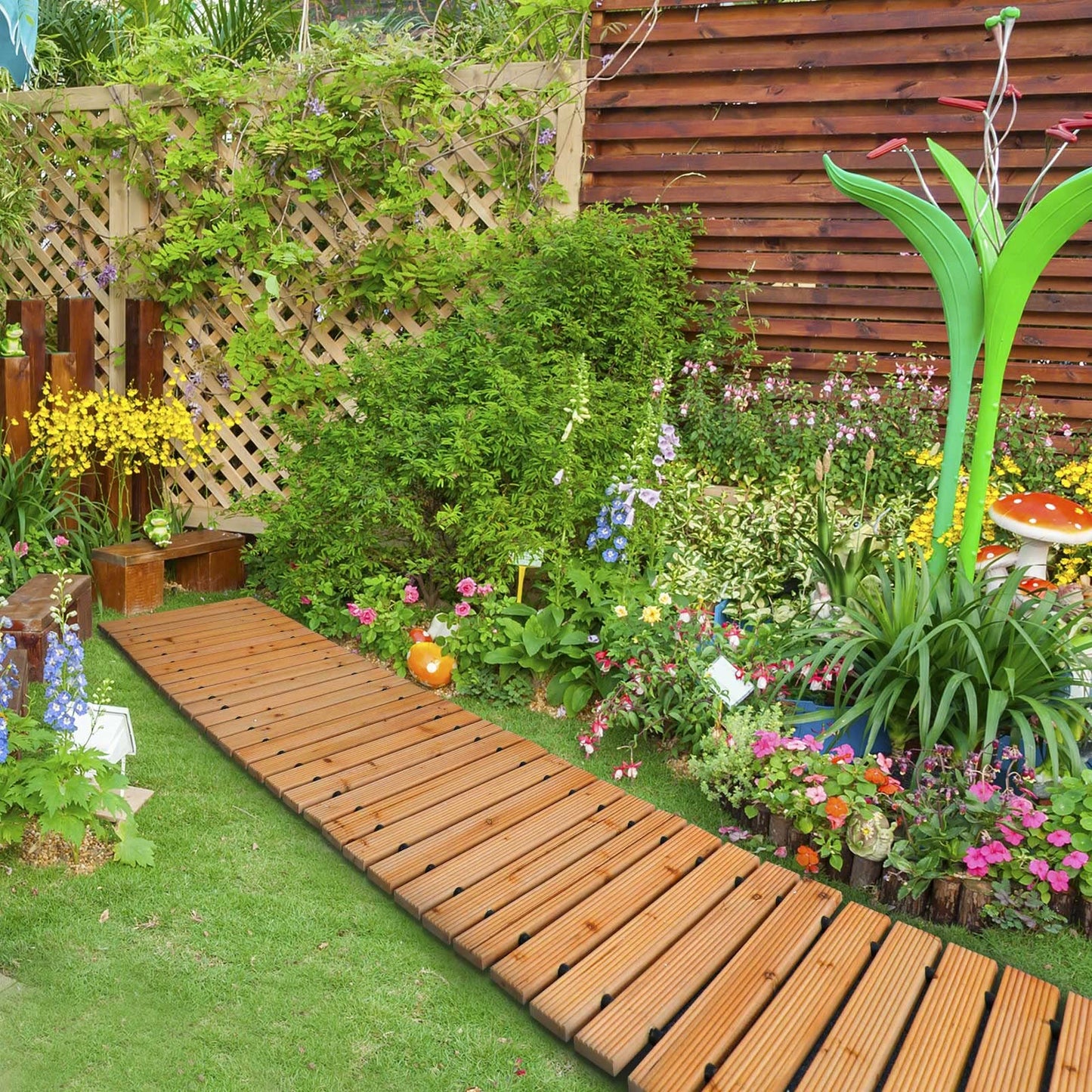 RELIANCER 12' Wooden Garden Pathway,Outdoor Roll Out Cedar Straight Walkway,Patio Path Decorative Garden Boardwalk Walkways,Weather-Resistant Roll Up Beach Wood Road Floor,Wedding Party Pathways