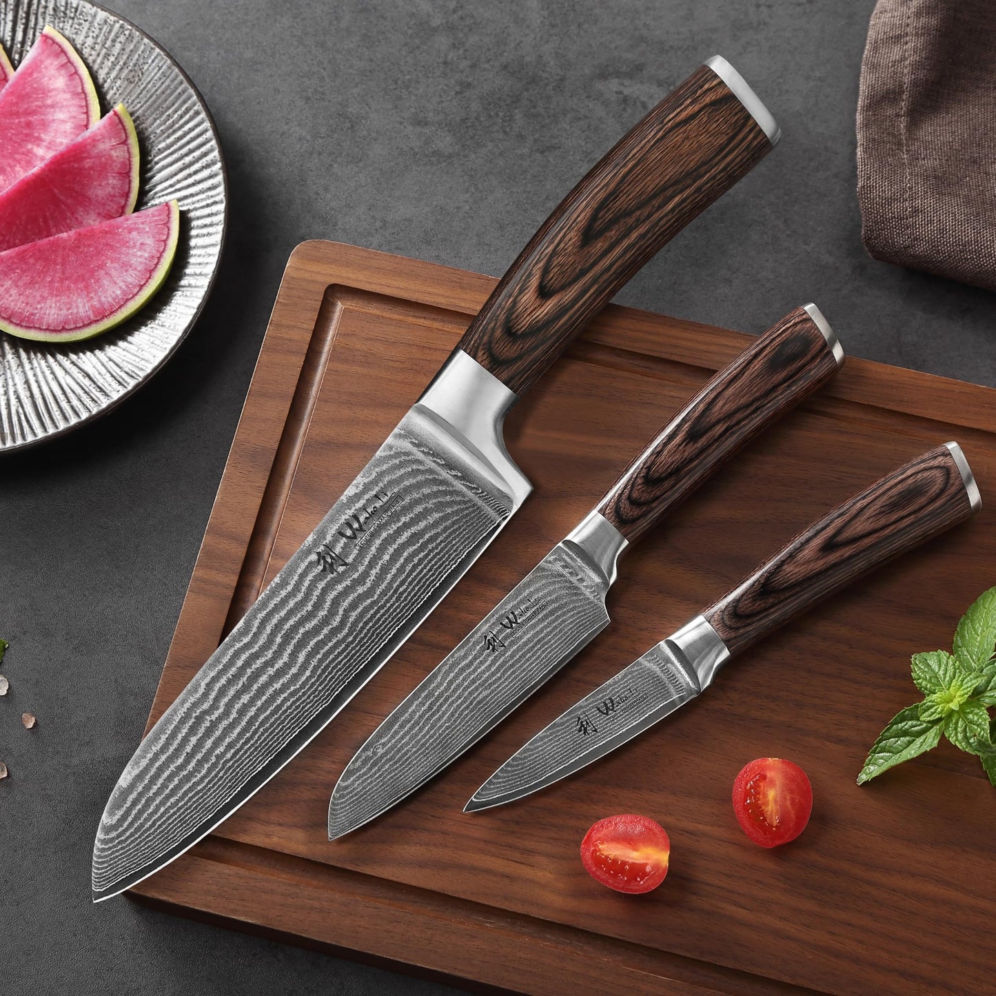 Wakoli EDIB 3-Piece Damascus Kitchen Knife Set in Wooden Gift Box, Razor Sharp Genuine Damascus Steel (VG10 Core), Includes Santoku, Small Santoku and Paring Knife, Ergonomic Pakkawood Handle
