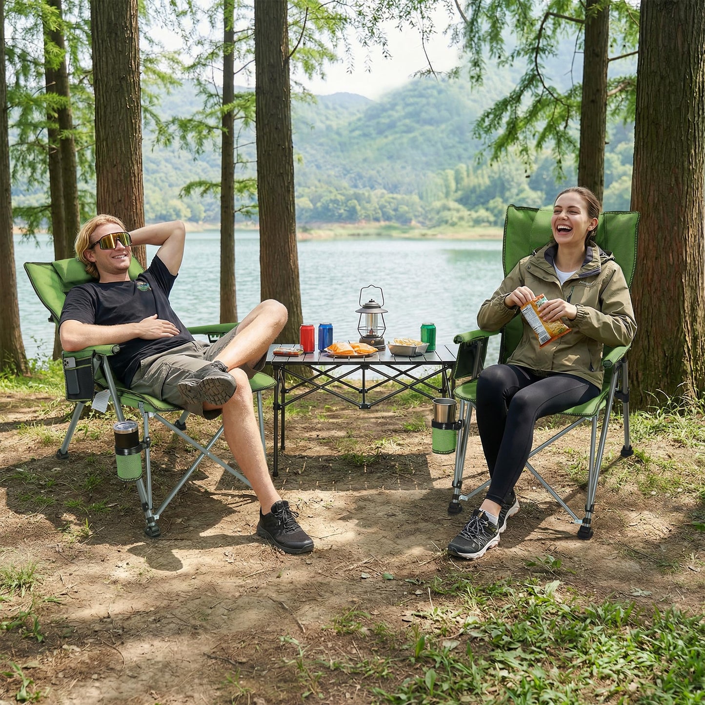 Anmiro Folding Camping Chair with Cup Holder and Storage Bag, Heavy Duty Support 400 LBS, Oversized Collapsible Portable Adjustable Back Support Camping Chair for Outdoor Lawn Patio Balcony