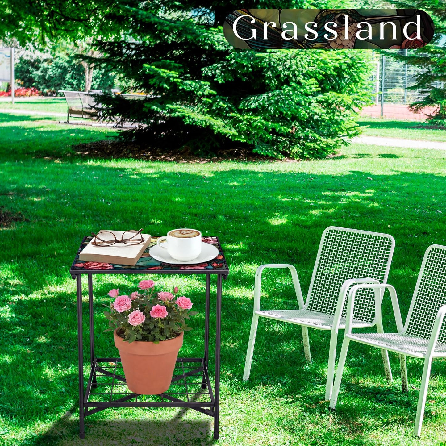 Cinnvoice Outdoor Side Table 2-Tier Storage Square Small Mosaic Patio Accent Indoor End Plant Coffee Tea Table for Yard Patio Porch Garden Living Room, Bedroom(Hummingbird Style)