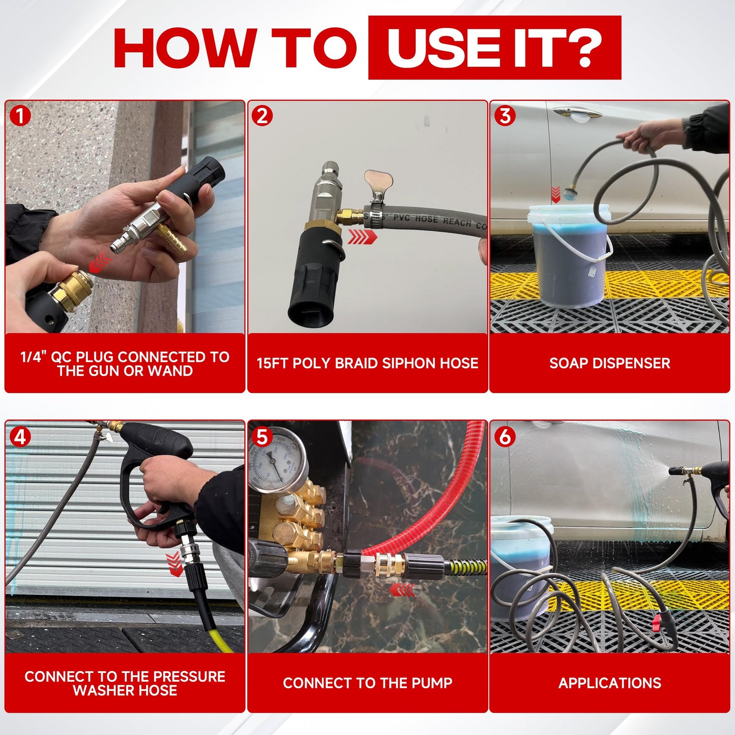 EZALOR Adjustable Long-Range External Chemical Injection for Pressure Washer, Downstream Injector Nozzle Kit 2-2.5 GPM, 1/4" Quick Connect/15FT Siphon Hose, 2500 to 4000 PSI
