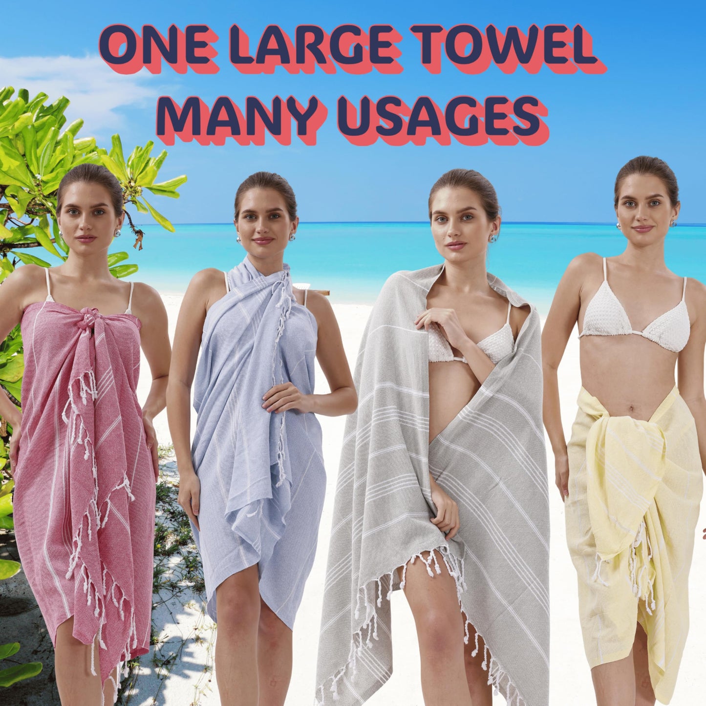 Turkish Cotton Beach Towel with Design Bag and Sand Clips - (70 x 35 inch) Oversized Travel Blanket for Women, Quick Dry Sand Proof Lightweight Compact, Ideal for Beach and Outdoor Use