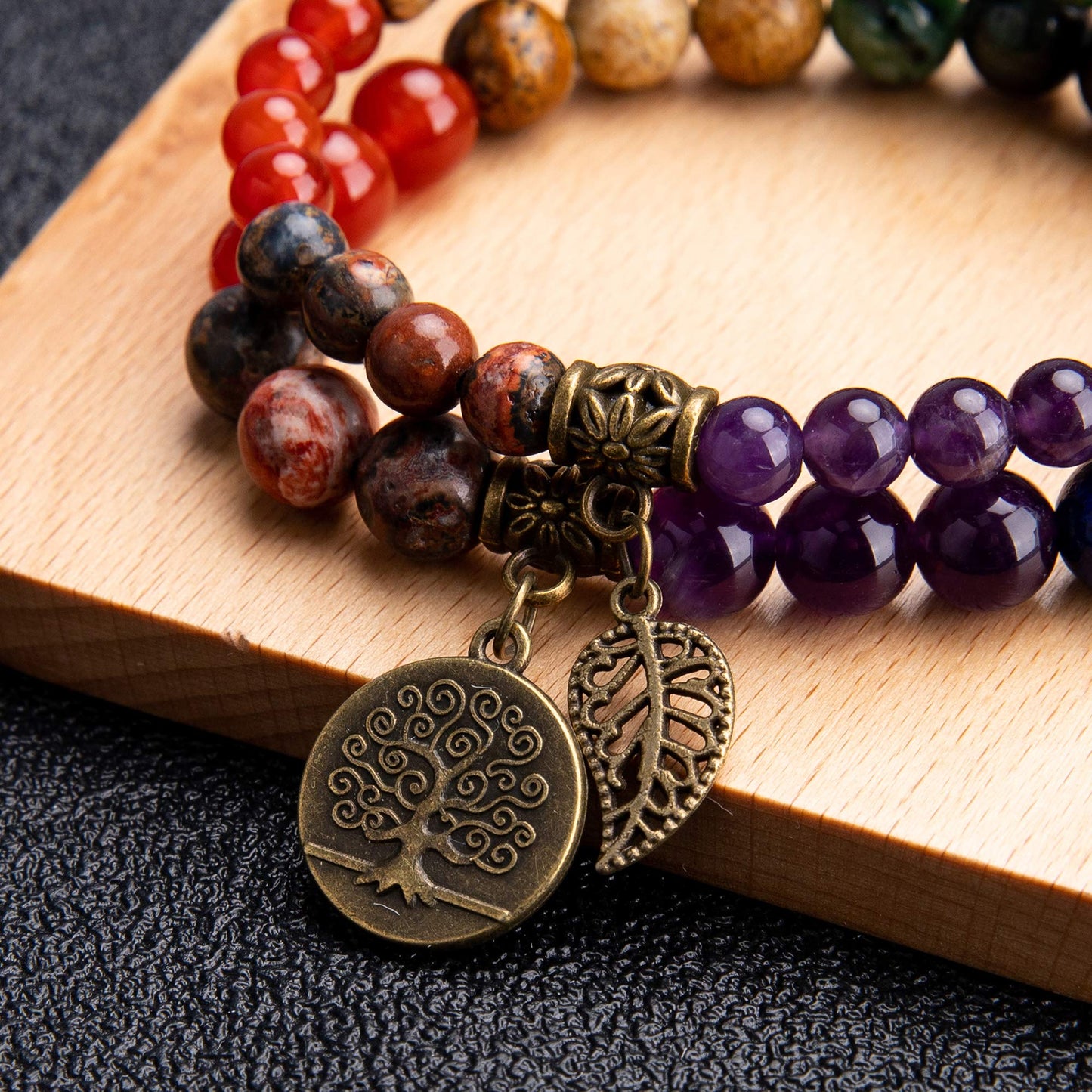 Bivei Beaded Bracelets Tree of Life and Leaf Charm Yoga Meditatoin Healing Crystal Chakras Bracelets Natural Semi Precious Gemstone Beads Stretch Bracelet for Women Anxiety Energy Relief(7 Chakra)