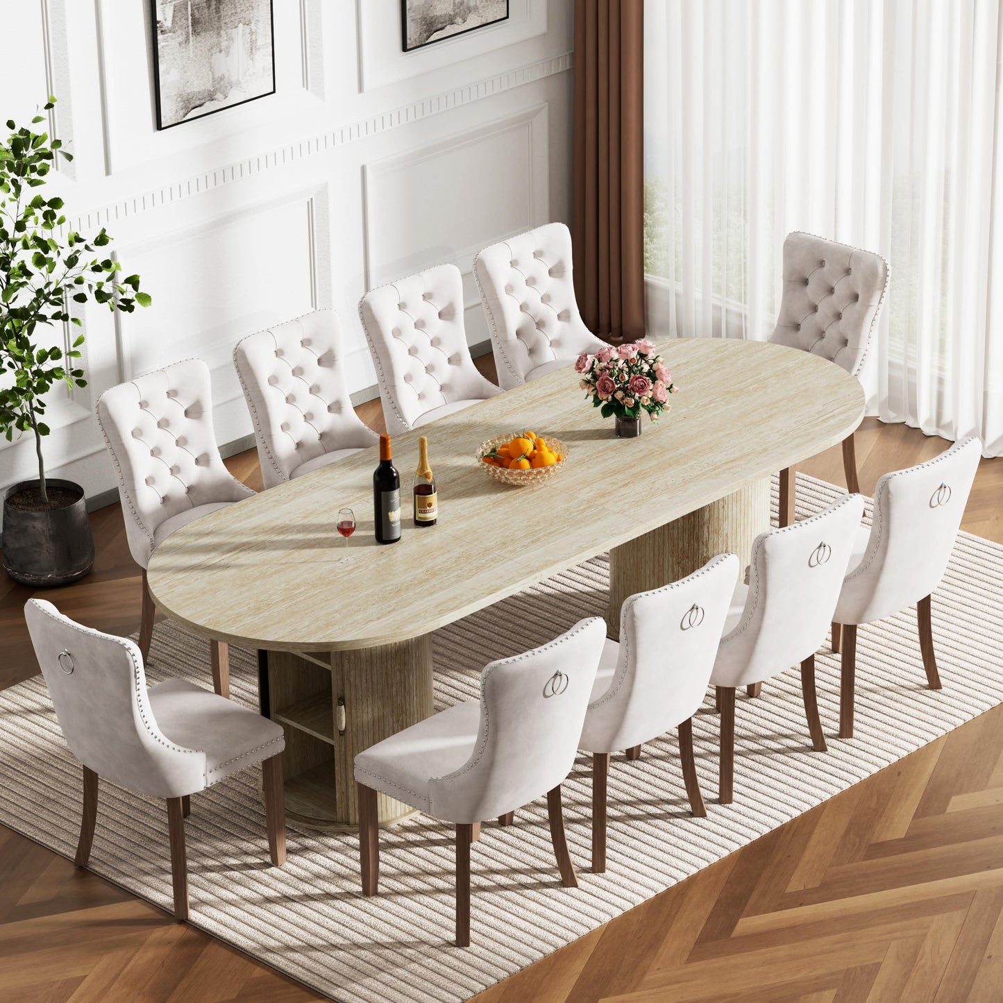 11 Piece Extendable Dining Table Set with 10 Beige Upholstered Chairs, 63"-95" Faux Mars Oval Kitchen Table Set with Storage for 10, Space-Saving Expandable Dining Room Table Set with Wood Fluted Base