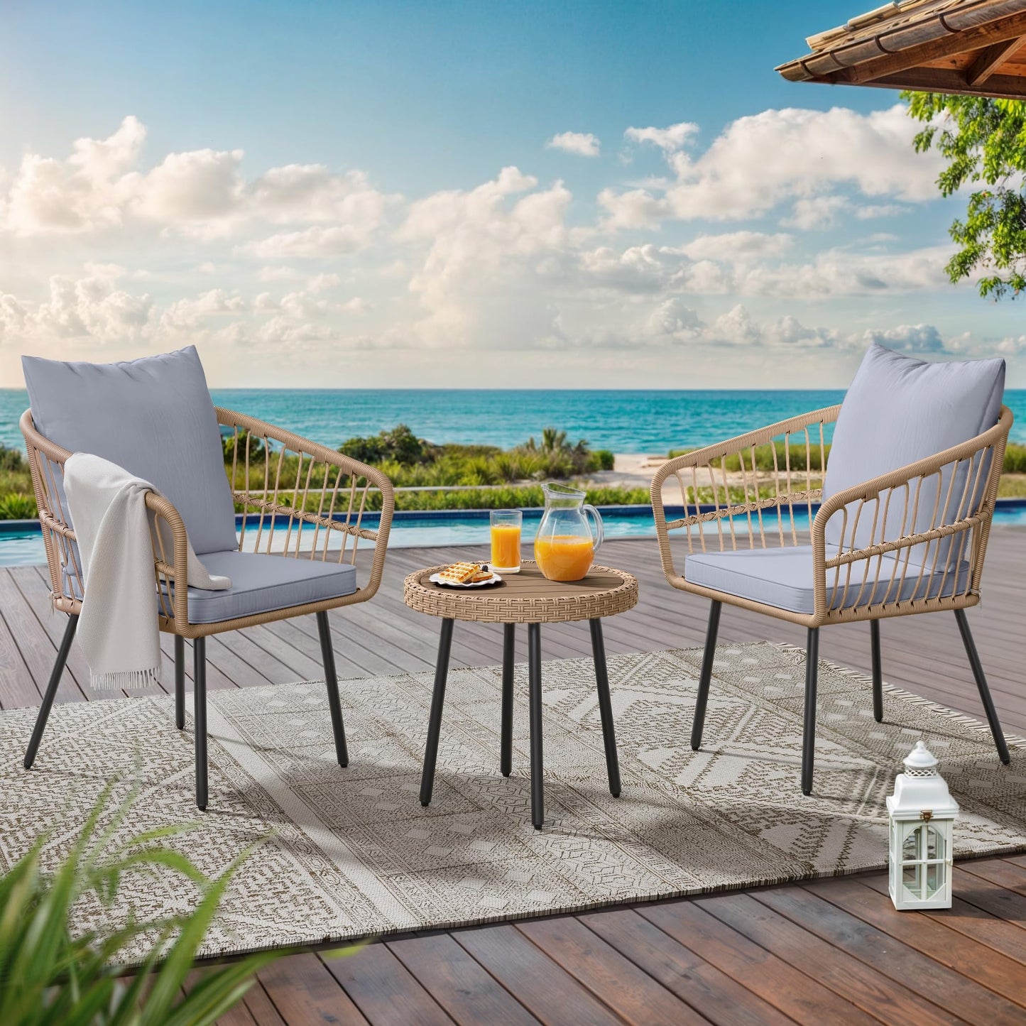 YITAHOME 3 Piece Bistro Set Outdoor with Thick Cushions&Table All-Weather Wicker Patio Furniture Set with Armrest Rattan Conversation Set for Balcony, Backyard, Pool, Porch, Deck - Grey