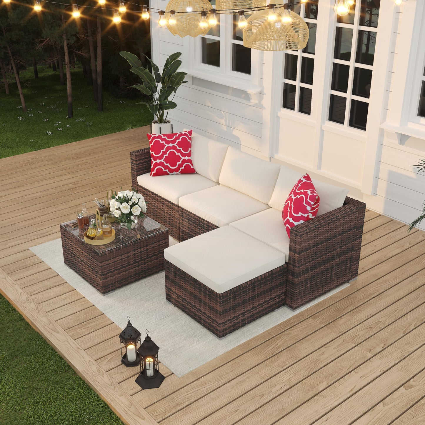 5 Piece Outdoor Patio Furniture Set, Rattan Deck Conversation Sofa Set with Non-Slip Cushions, All-Weather Sectional Sofa with Glass Storage Table and Balcony Footstool, Poolside, Garden, Brown+White