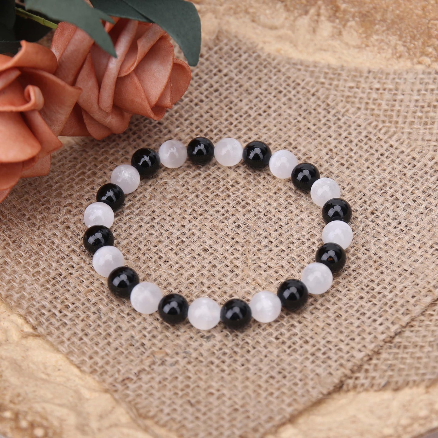 BONNY BOXX Mixed 8mm Natural Stone Bracelet for Purification, Handmade Stretch Selenite Black Tourmaline Bracelet Adjustable Crystal Healing Jewelry for Unisex Spiritual Gift