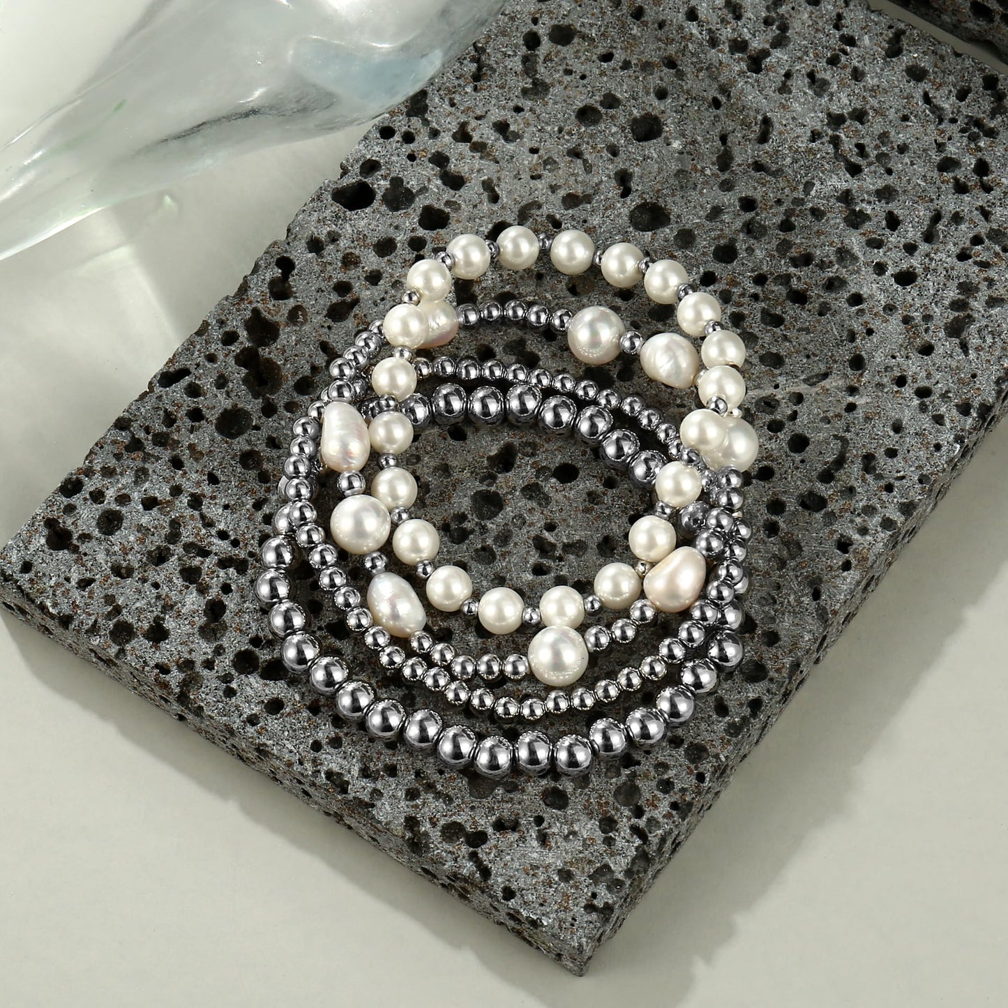 Silver Pearl Beaded Bracelets for Women Baroque Pearl Stackable Stretch Bead Ball Bracelet Jewelry Gifts (4PCS)