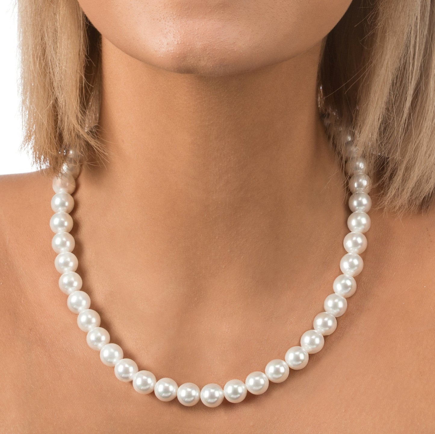 PAVOI 925 Sterling Silver Round White Simulated Shell Pearl Necklace Strand | Pearl Choker Necklace | Jewelry for Women - 18" Princess Length (10mm)