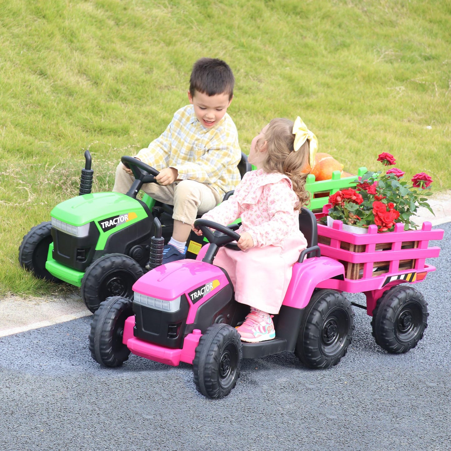 TOBBI Kids Electric Ride On Toy Tractor, Toddlers 12V Battery-Powered Car to Drive, 35W Dual Motor 6-Wheels Trailer Vehicle with 3-Speeds/LED & Horn Functions for Chirdren Aged 3-8-Pink