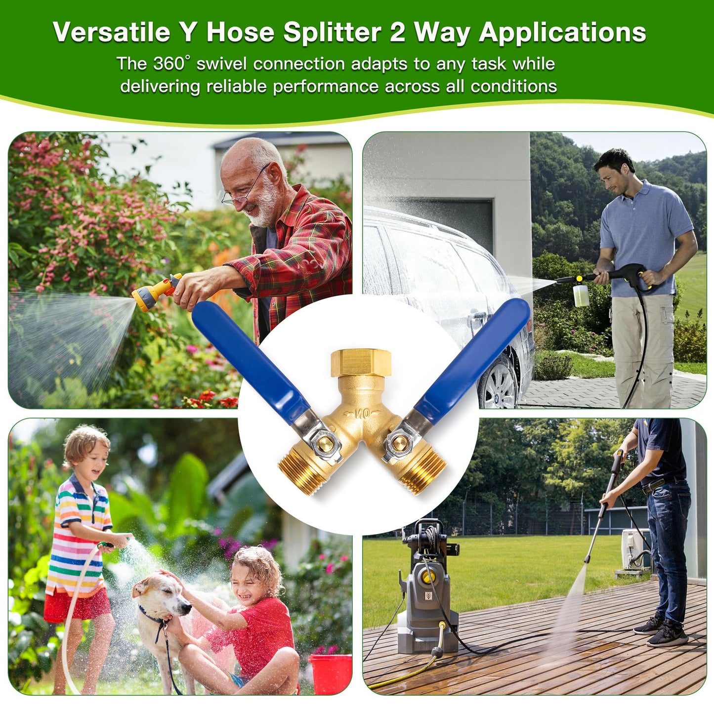 Garden Hose Splitter 2 Way, Solid Brass Water Hose Splitter with 304 Stainless Steel Handle, 3/4" GHT Thread Leak-Proof Y Valve for Outdoor Faucet Lawn, Irrigation & Washing