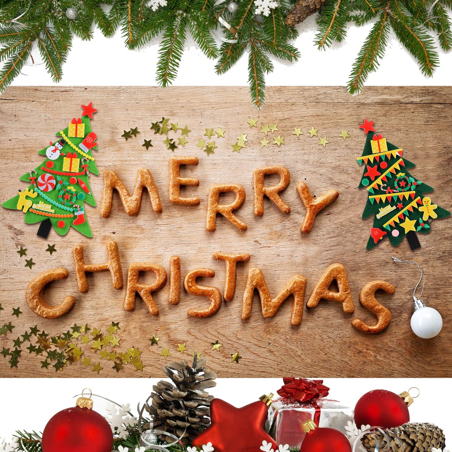 Tatuo DIY Felt Christmas Tree and Ornaments Felt Kids Party Favors Stickers for Kids Home Door Wall Hanging Christmas Tree Craft Decorations (36)