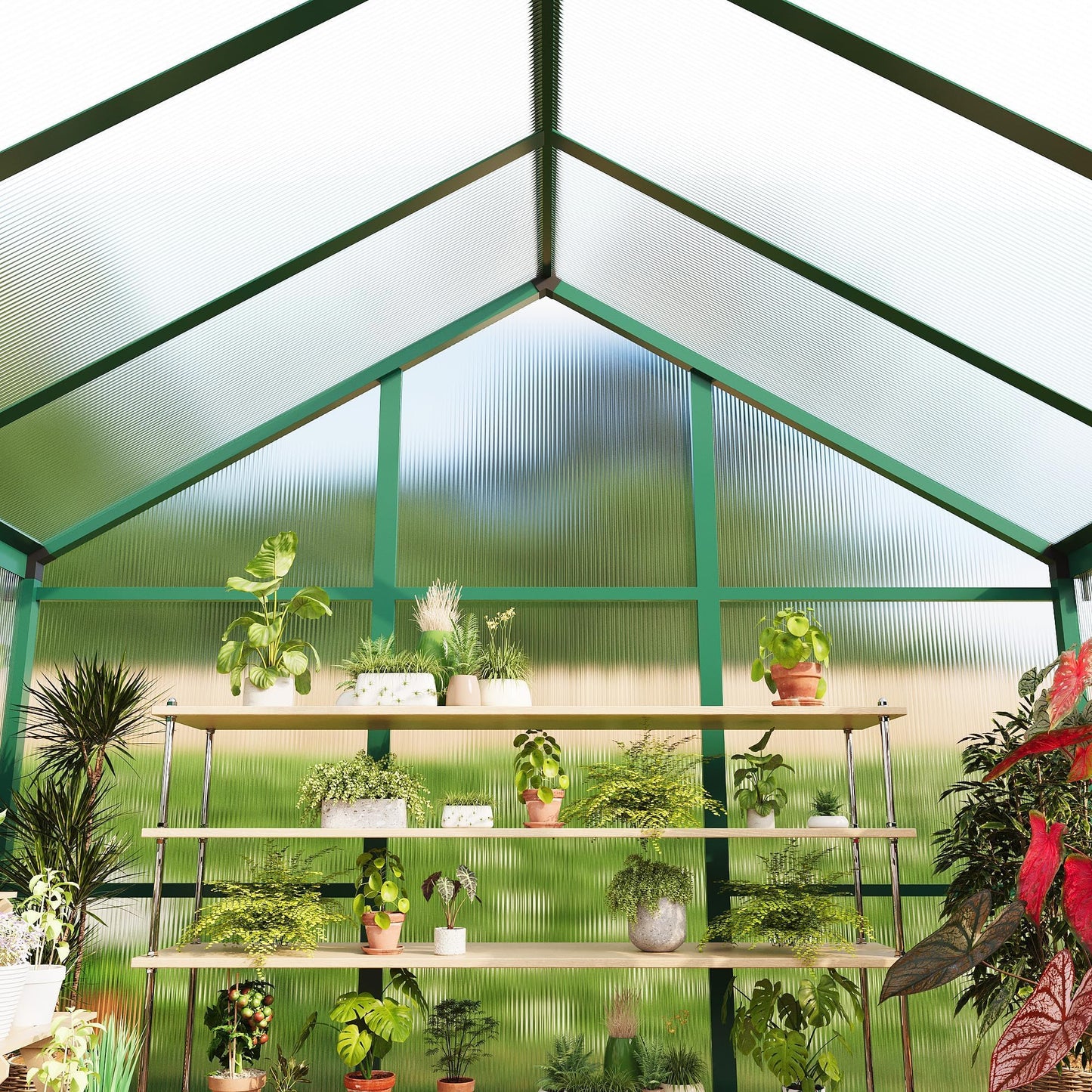 8 x 12 FT Greenhouse, Outdoor Sliding Door, Polycarbonate Greenhouse with Aluminum Frame, Lockable Door and Ajustable Roof Vent for Backyard, Outside Garden Backyard, Patio, Green