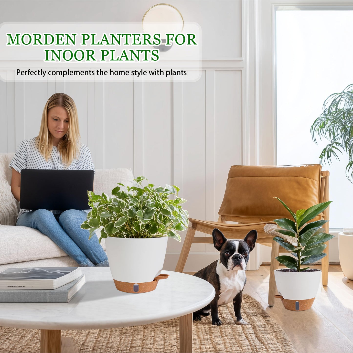 Fielda Self Watering Pots for Inoor Ourdoor Plants 10/9/8/7/6.5 Inch Plastic Planters with Drainage Holes & Water Level Indicator, Decorative House Flower Nursery Planting Pots with Saucers ((White)