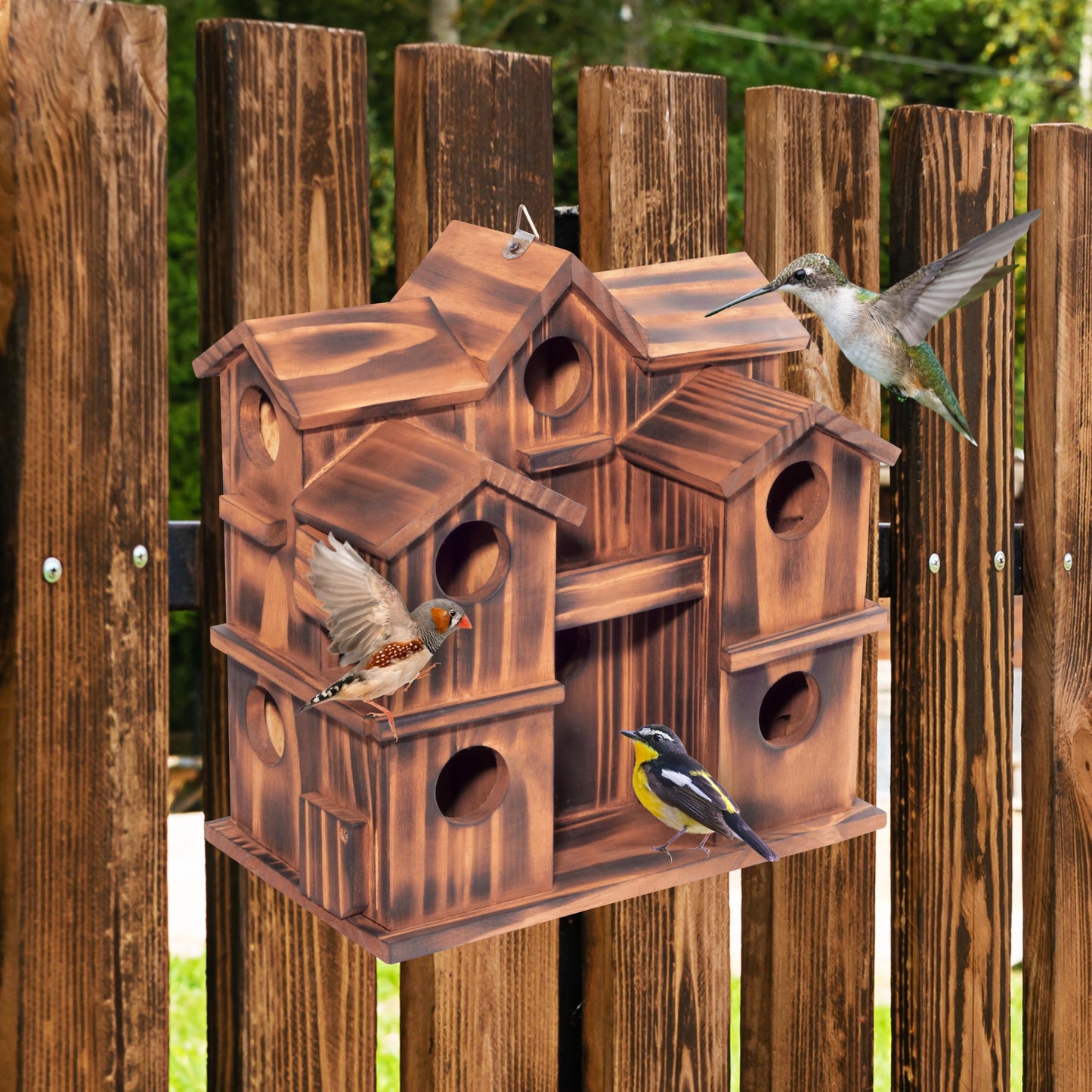 MIXUMON Wooden Bird Houses for Outside β 10 Rooms Multi-Chamber Bird House, Carbonized Pine Rustic Finish, 1.57" Entrance Holes, Individual Cleaning Doors, Decorative Outdoor Bird Nesting Box