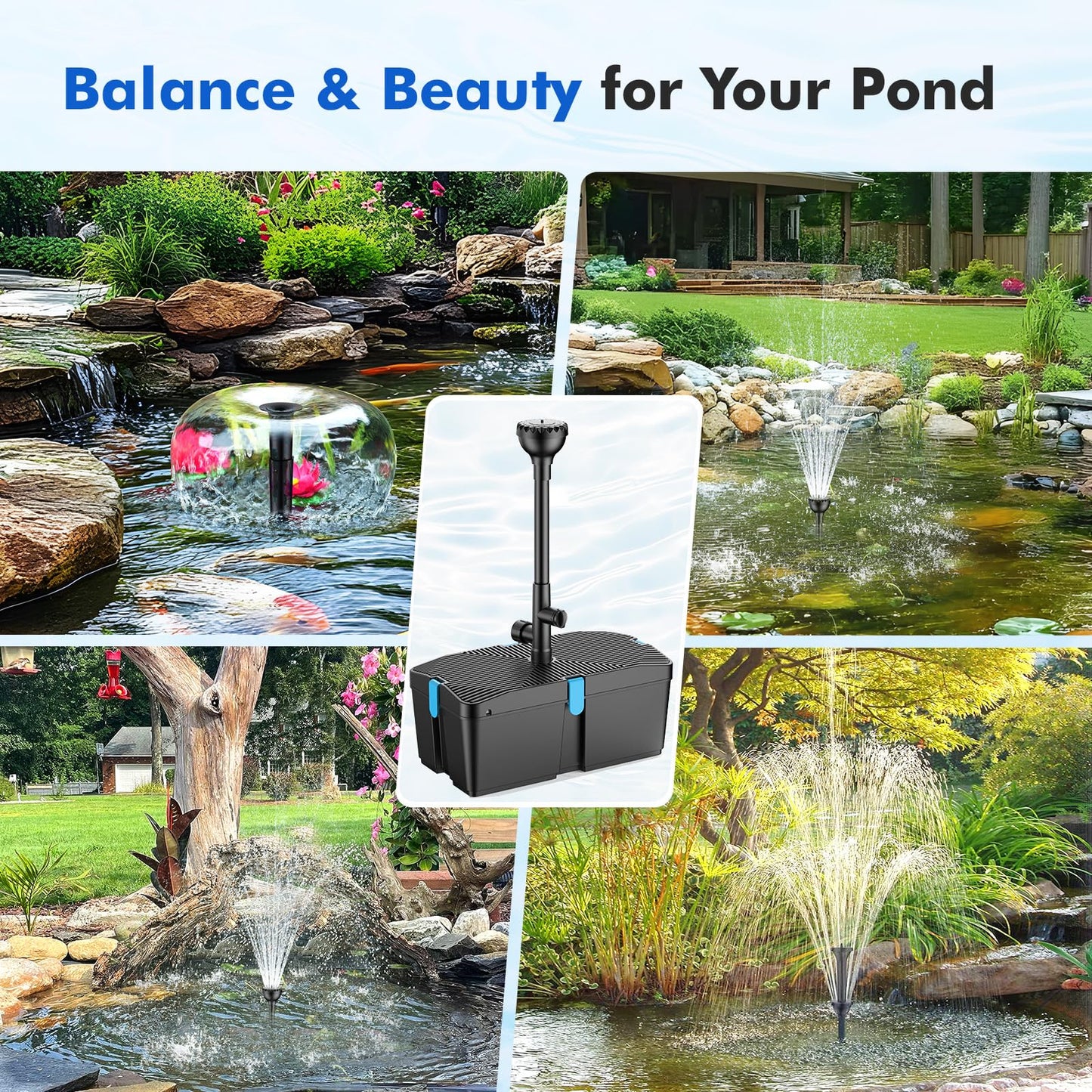 FEOXSHAL Pond Filter with Fountain Pump Kits, 50W 660GPH Pond Pump and Filter Kit with Submersible Water Pump Flow Ajustable for Outdoor Ponds Koi Pond Garden Fish Tank Water Features
