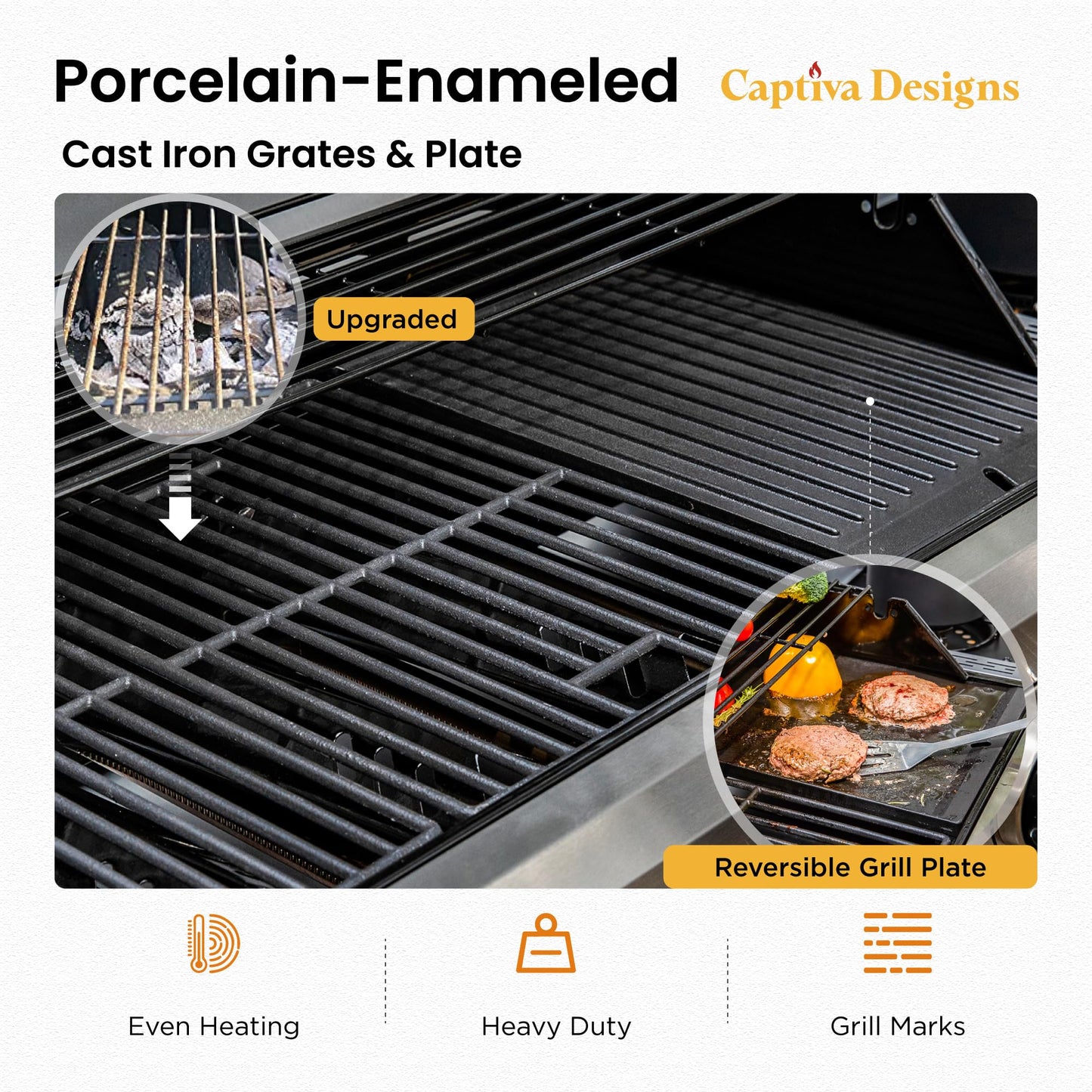 Captiva Designs 6-Burner Propane Gas BBQ Grill with Side Burner & Porcelain-Enameled Cast Iron Grate and Plate for Outdoor Barbucue Events, 52,000 BTU Output,740 SQ.IN. Cooking Area๏ผHeavy Duty