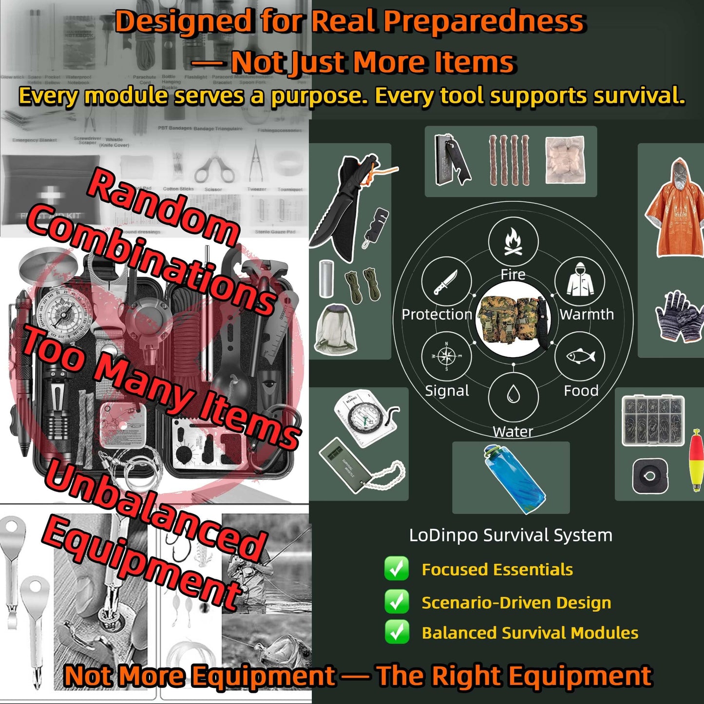 LoDinpo Camping Survival Kit, All in One Outdoor Emergency Gear with Knife, Fire Starter, Fishing Kit, Water Pouch & Compass for Hiking Backpacking Bushcraft Gift for Him