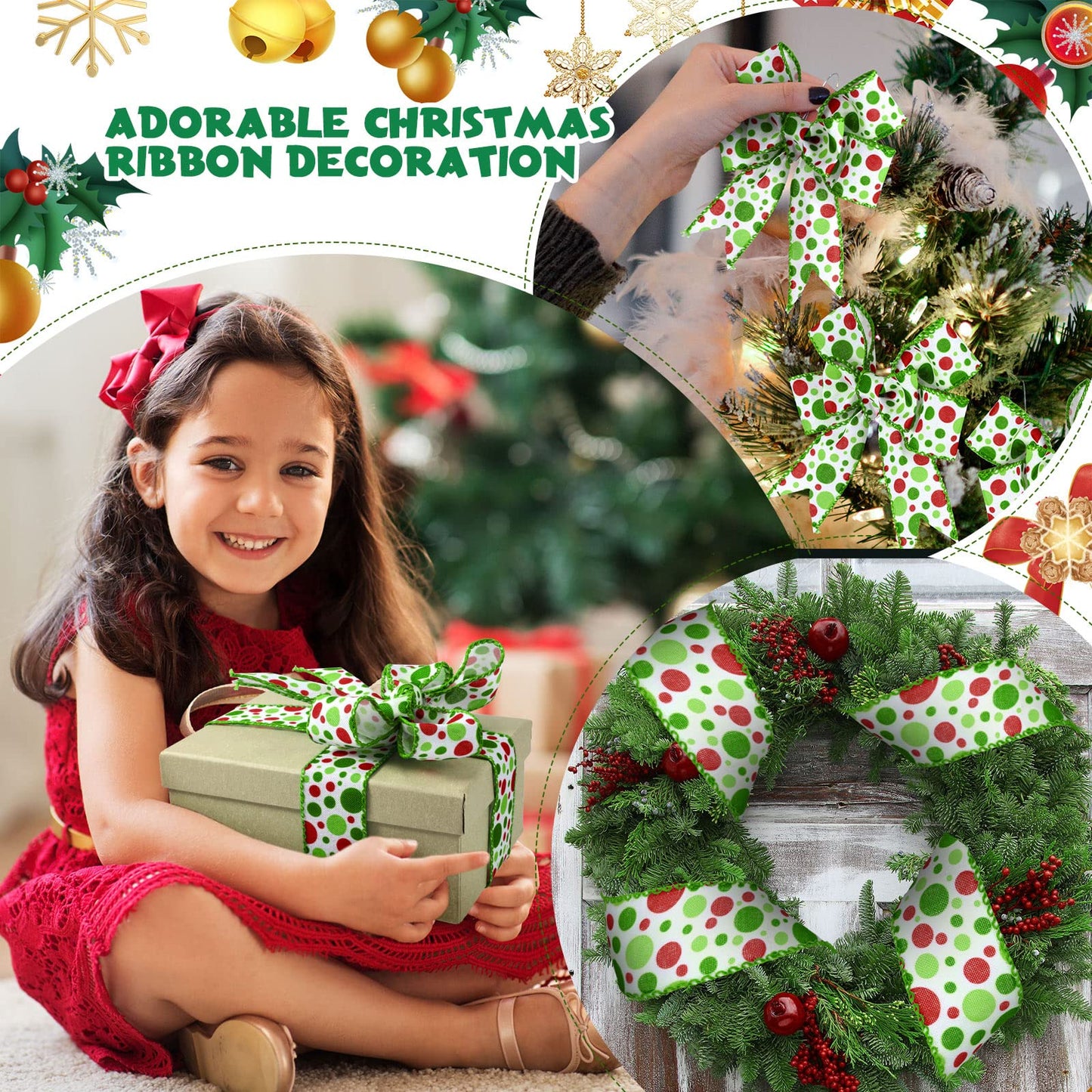 Hanaive 20 Yards Christmas Polka Dot Ribbon Xmas Wired Ribbon Christmas Tree Ribbons Decoration Green Red Polka Dot Printed Ribbons DIY Decorative for Wreaths Gifts Wrapping(2 Inch)