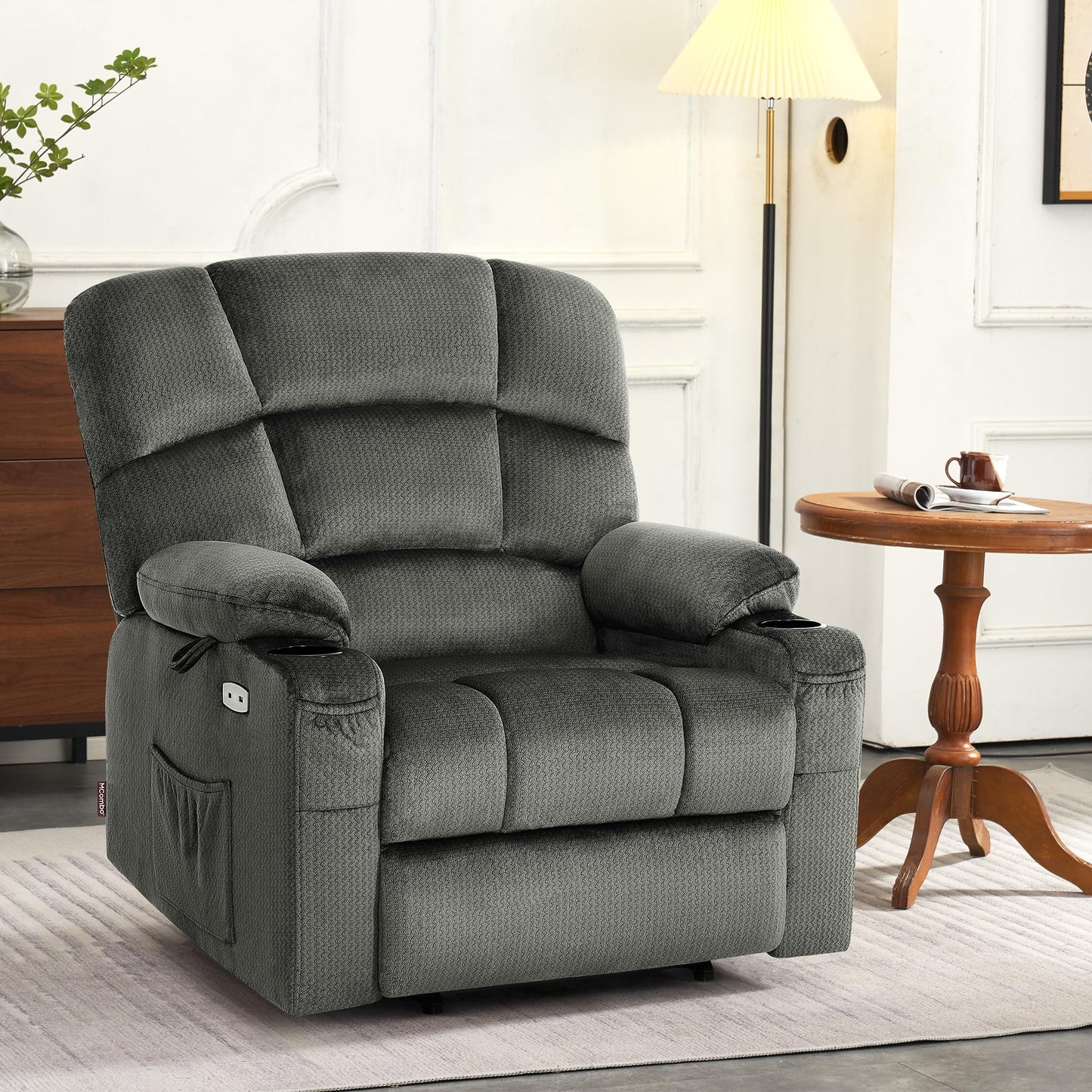MCombo Oversized Dual Motor Power Lift Recliner Chair Sofa with Massage and Heat for Big Elderly People, Infinite Position, USB Ports, Fabric R7677 (Grey, Medium-Oversize)