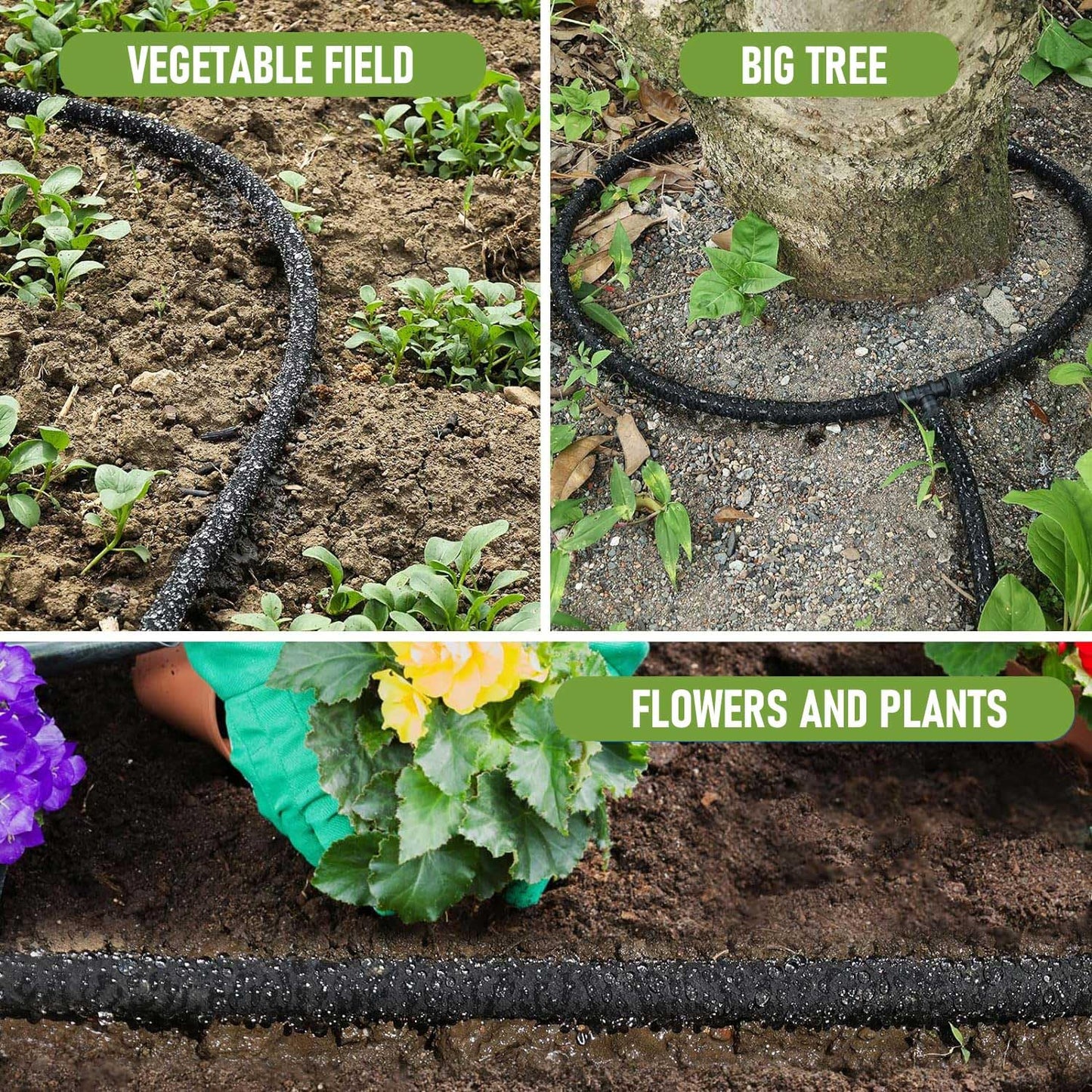 1/4 Inch Soaker Hose for Garden 100ft Soaker Irrigation Drip Hose System, Heavy Duty Drip Irrigation Tubing with Hose Connector Accessories for Watering Garden Beds Vegetable Lawn and Yard (100ft)