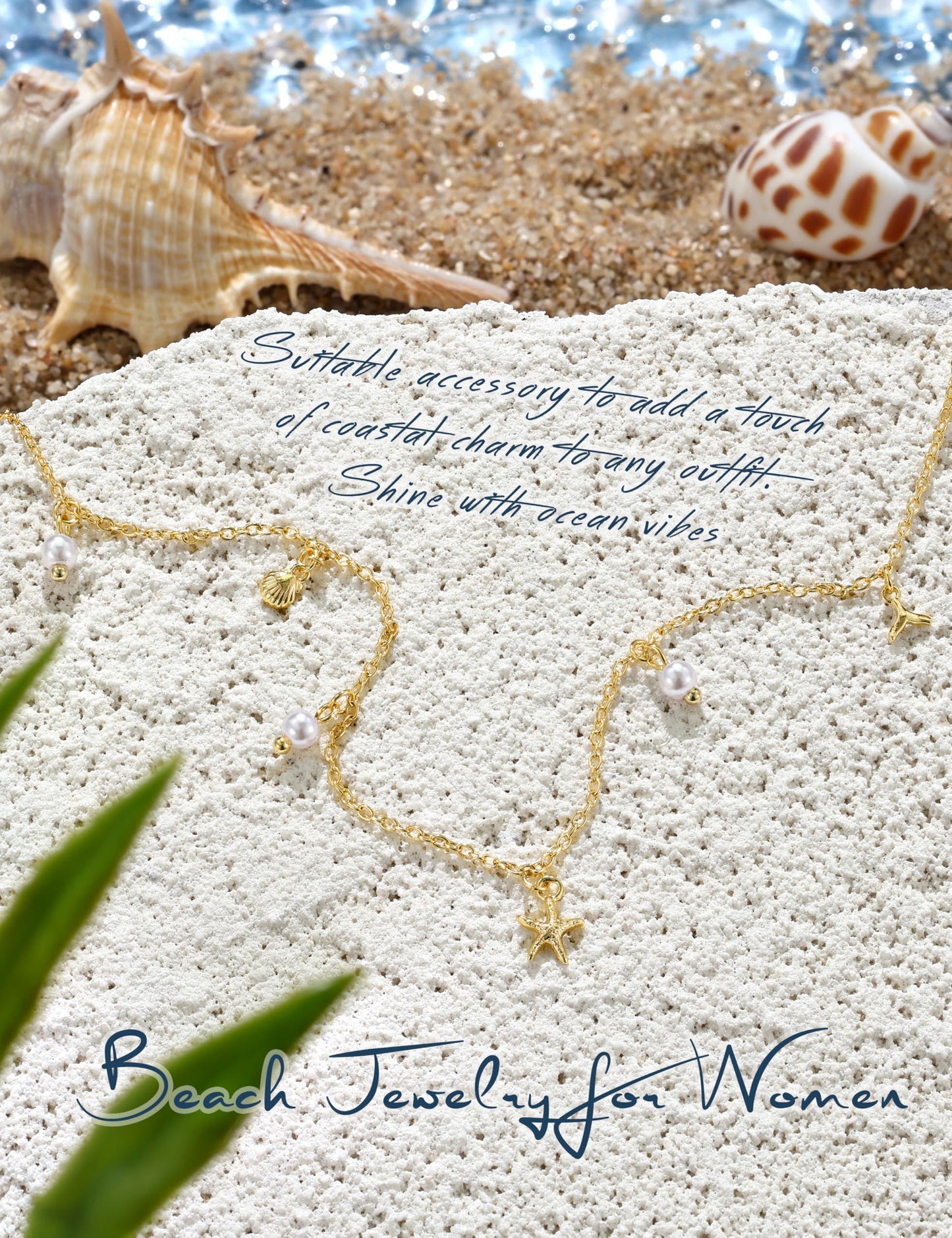 LOYALLOOK Shell Starfish Necklace for Women, 14k Gold Plated Dainty Pearl Starfish Mermaid Tail Charm Necklace Stack, Non Tarnish Waterproof Gold Beach Accessories for Summer Vacation