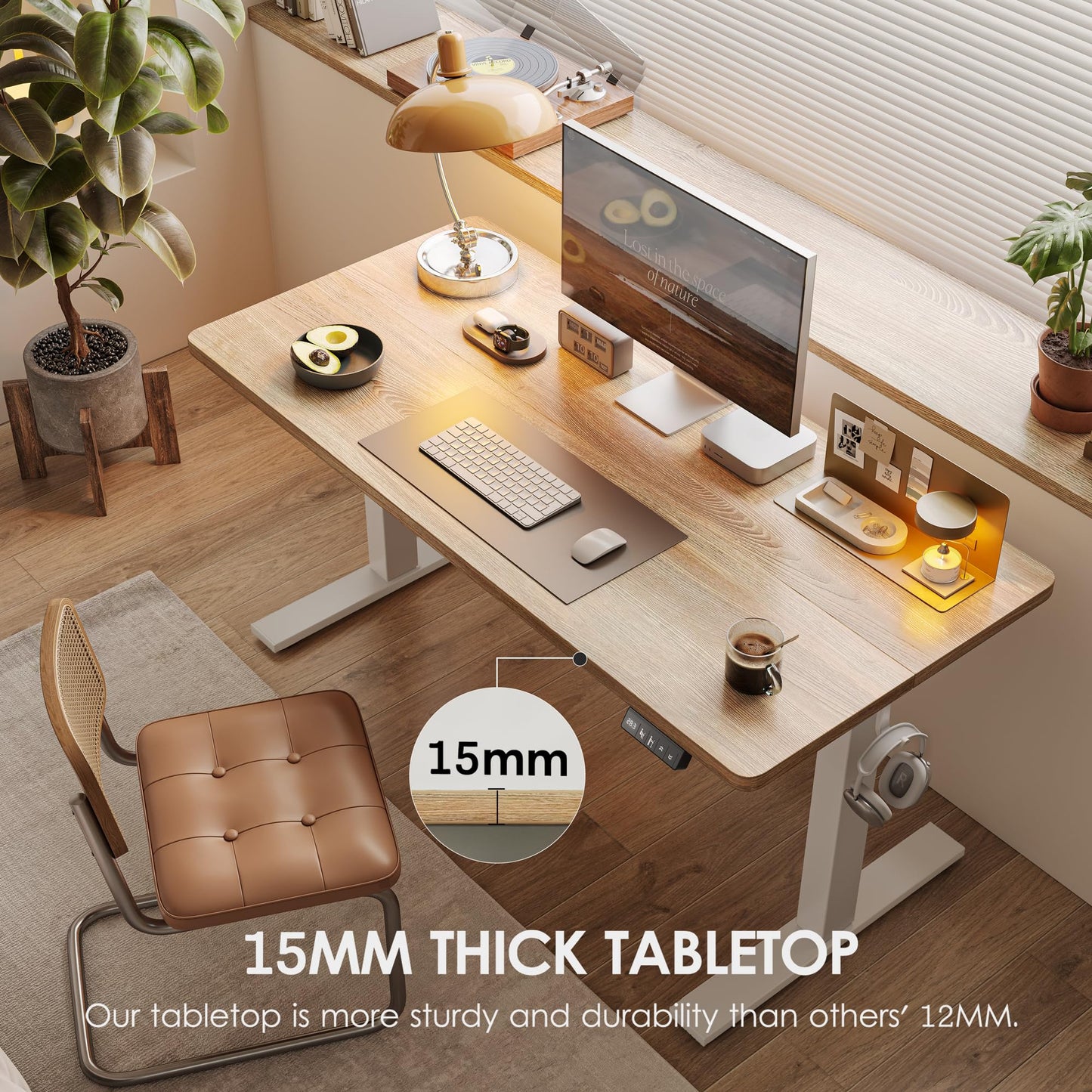 TIQLAB Electric Height Adjustable Standing Desk 47.2×23.6 inch, Sit Stand Desk with Splice Board, Memory Controller, White Frame & Maple Top Computer Workstation for Home Office