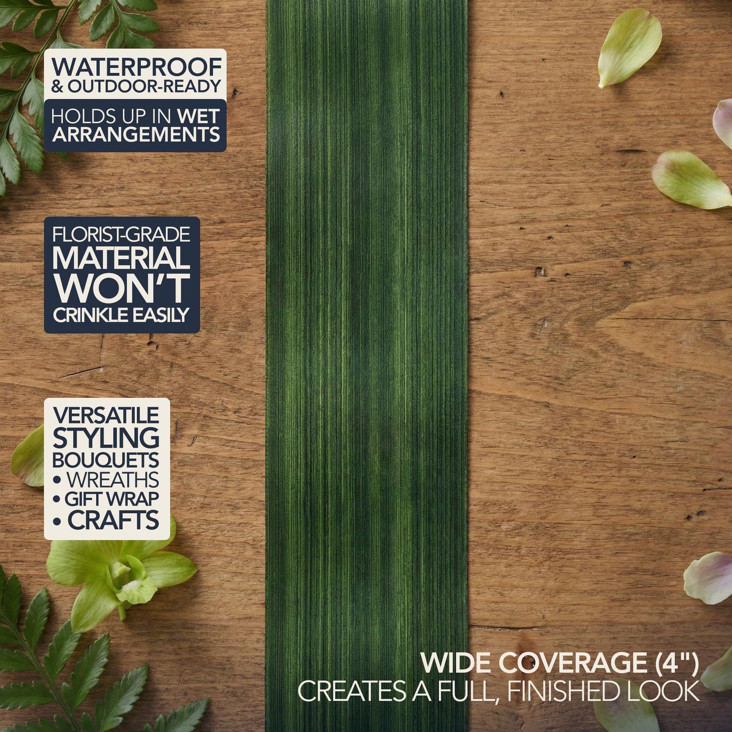 Royal Imports Green Aspidistra Leaf Floral Ribbon, Wide Faux Poly Satin Waterproof Aspidistra Ribbon 4" (#100) for Indoor & Outdoor, Wrap for Florist, Wedding Bouquet, Art & Crafts, 50 Yard Roll