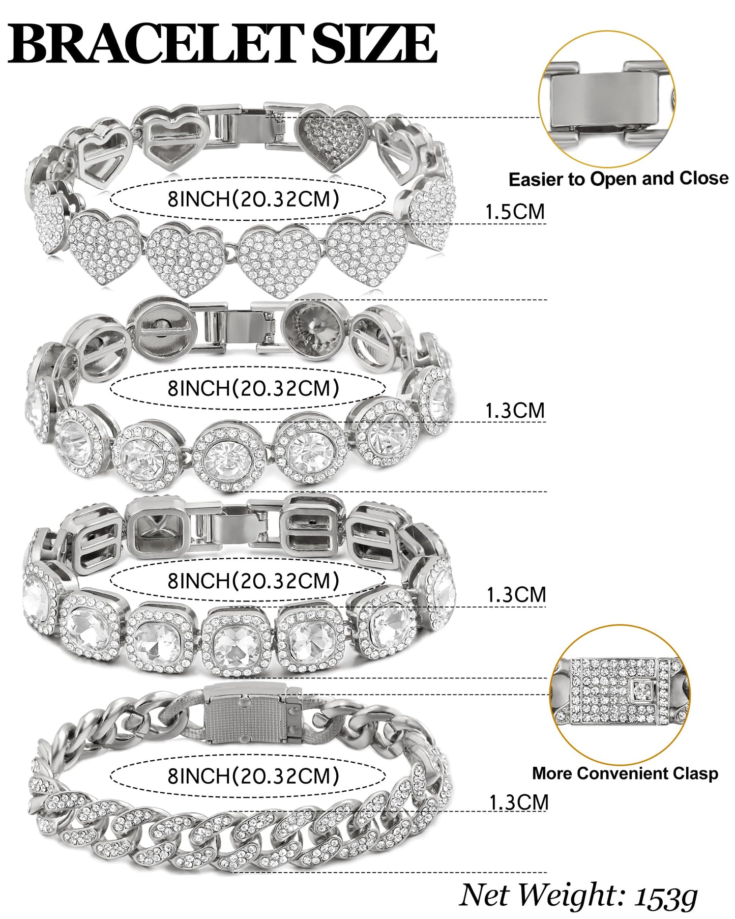 shopbyskyler 4PCS Gold Silver Bracelets for Women Diamond Cuban Bracelet Layered Link Bracelet Set Fashion Jewelry (Silver, 8inch)