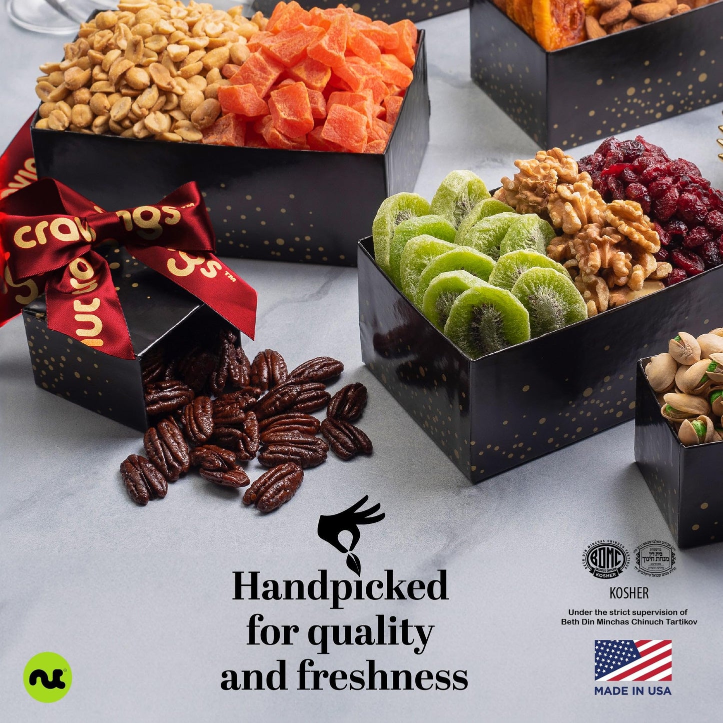NUT CRAVINGS - Mothers Day Treats, Dried Fruit & Mixed Nuts Gift Basket, Black Tower + Heart Ribbon (12 Assortments) Food Arrangement, Healthy Snack Care Package, Kosher