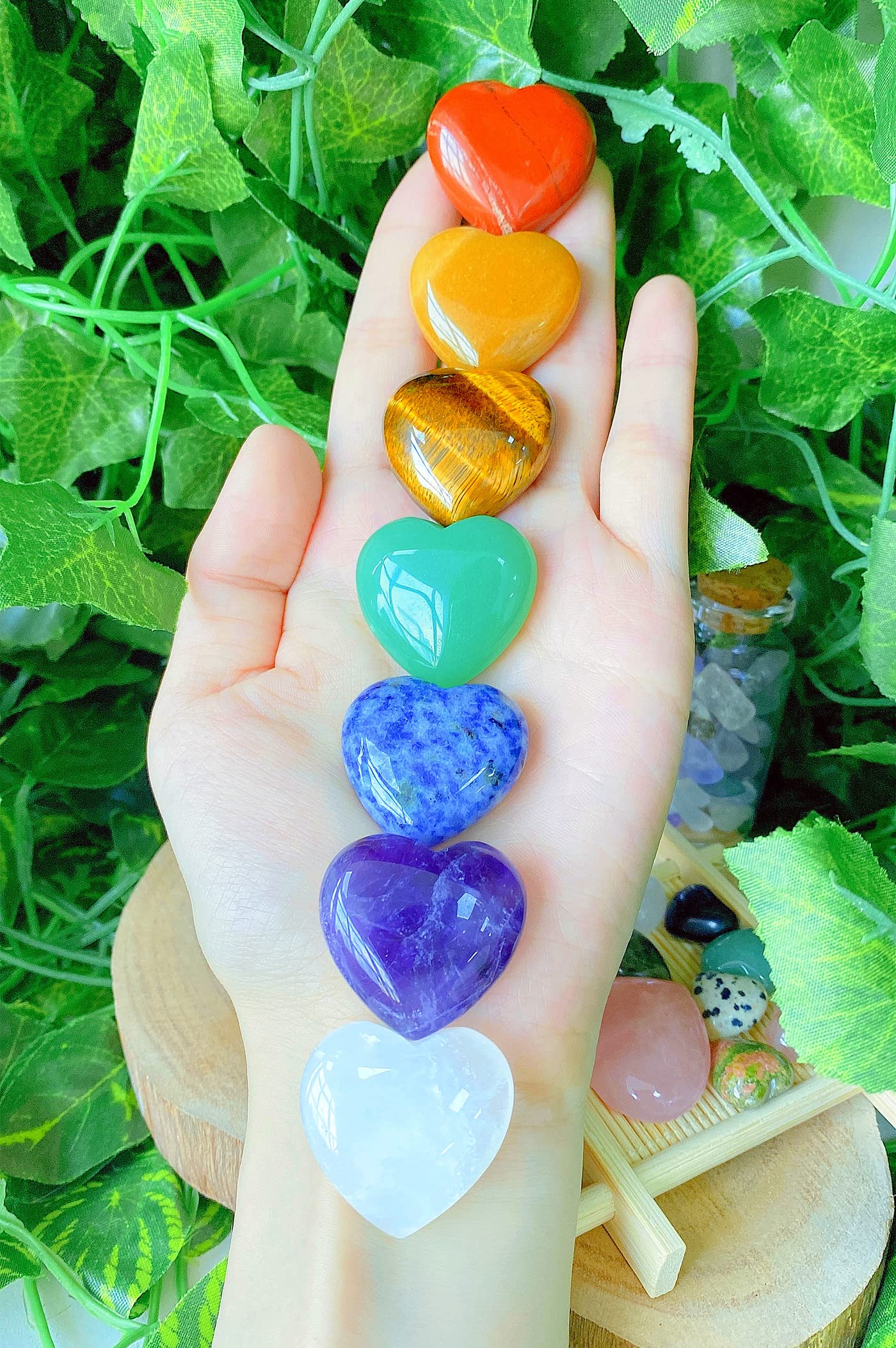 QINJIEJIE 7Pcs 7 Chakras 1.2" Heart Crystal Large Stone Rose Quartz Healing Crystals Love Polished Thumb Natural Palm Assorted Gemstones Reiki Energy Balancing Meditation Gift
