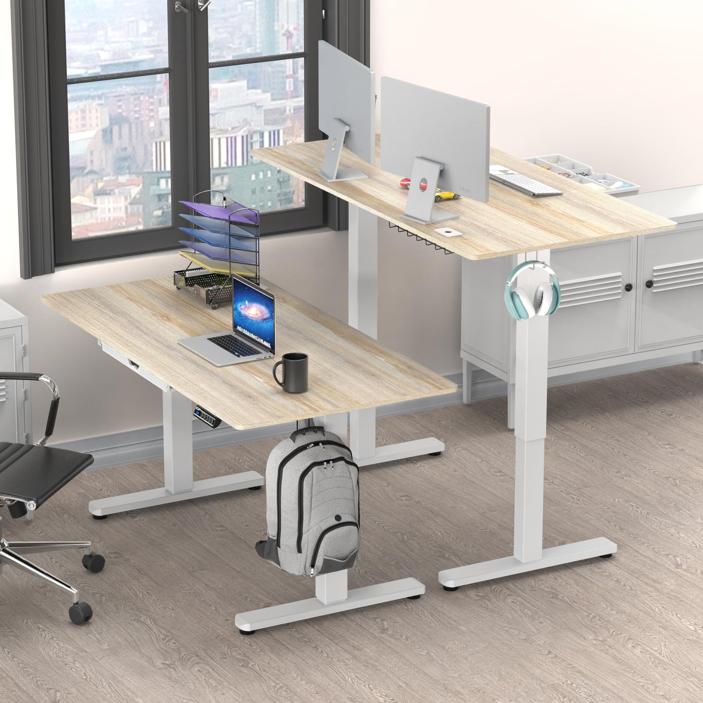 SHW 55 x 28 Inches Electric Height Adjustable Standing Desk with Drawer and Memory Preset, Maple