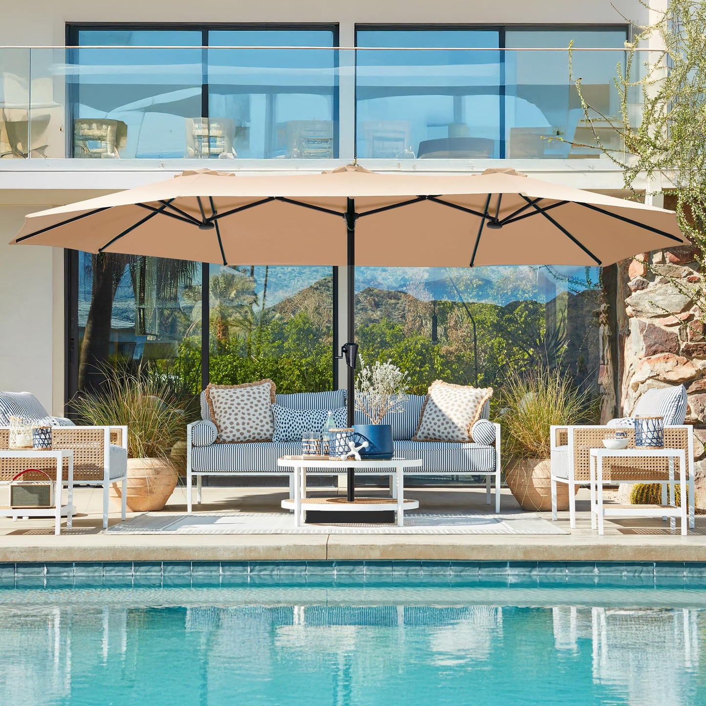 SUPERJARE 15FT Outdoor Patio Umbrella with Base Included, Double Sided Pool Umbrellas with Fade Resistant Canopy, Extra-Large Table Umbrella for Deck, Market, Backyard, Beige
