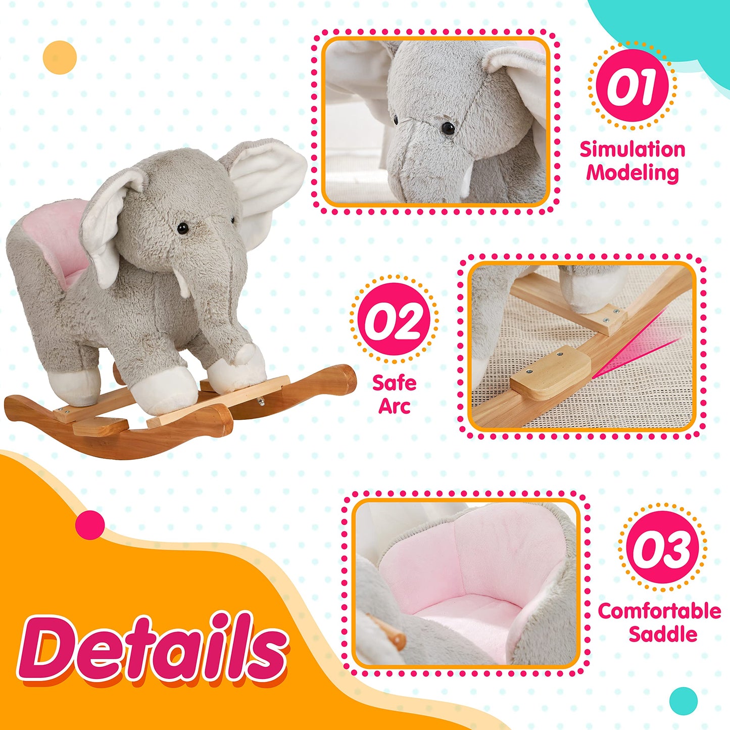 Elephant Baby Rocking Horse Wooden Rockers with Base Seat Safety Belt and 1 Pcs Elephant Plush Stuffed Animals Toy for Toddlers 1-3