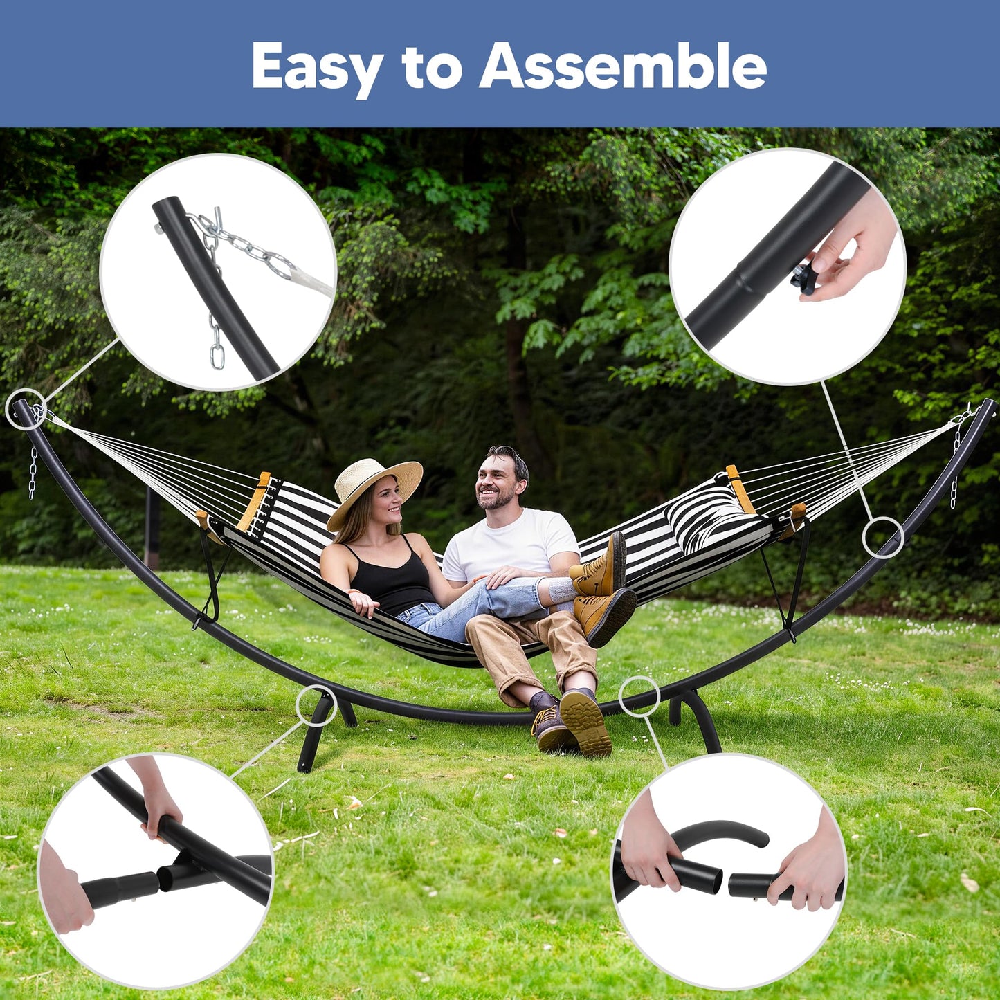 SUNCREAT Hammocks for Outside with Stand, Porch Hammock and Stand, 475 lbs Capacity, Patent Pending, Black & White