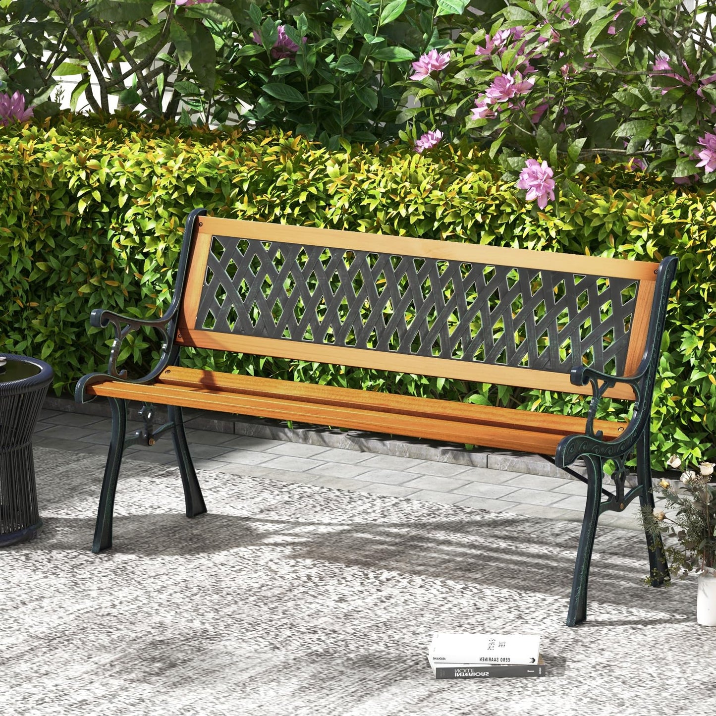 Tangkula Outdoor Garden Bench Park Bench, Patio Bench Chair with Cast Iron & Hardwood Structure, Weather Proof Porch Outdoor Furniture Loveseat, Perfect for Backyard, Deck, Lawn, Poolside