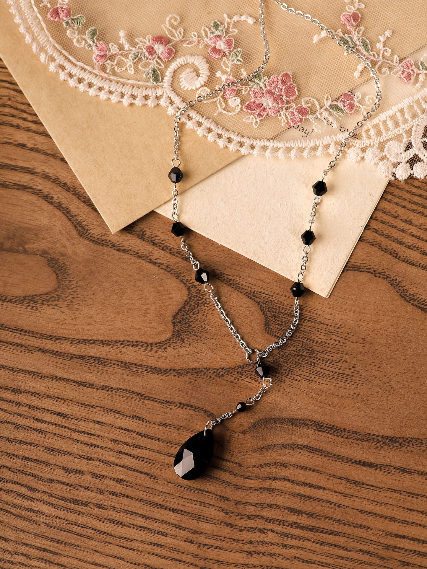 Sacina Gothic Dainty Black Beaded Teardrop Y Necklace, Gothic Necklace, Goth Jewelry, Christmas Jewelry Gift for Women